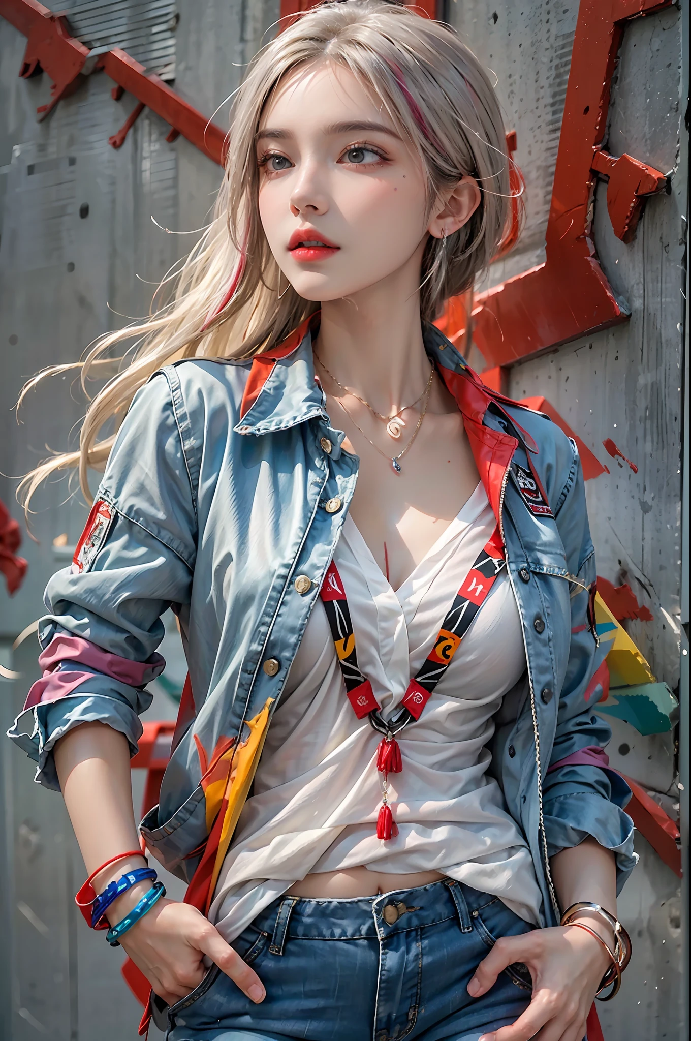 photorealistic, high resolution, colorful, color splash, splash, 1 girl, solo, hips up, beautiful eyes, rainbow hair, medium breast, dress shirt, blue pants , red jacket, streetwear, bracelets,elegant necklace, elegant diamond earrings, fashion magazine