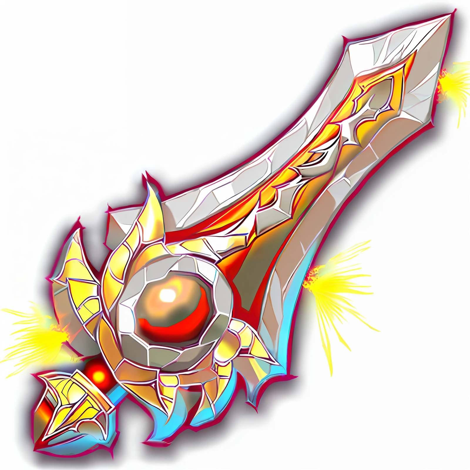 A very long sword,There is a red ball on it, war blade weapon, Flaming Sword, shinning sword, Glowing sword, yellow broad sword, Huge sword, jagged sword, gold sword, armored sword blade, Shining sword, Fantasy Blade, style of ghost blade, fantasy weapon, big sword, big sword, fantasy sword, flame conjuring armored, Golden sword