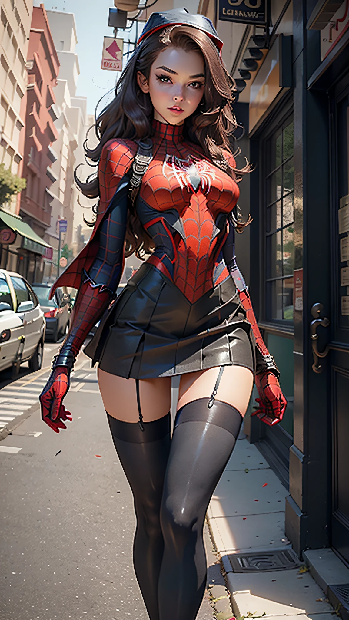 Beautiful woman detailed defined body using spider man cosplay,little breast,Full body photo,stocklings,Stockings,short skirt