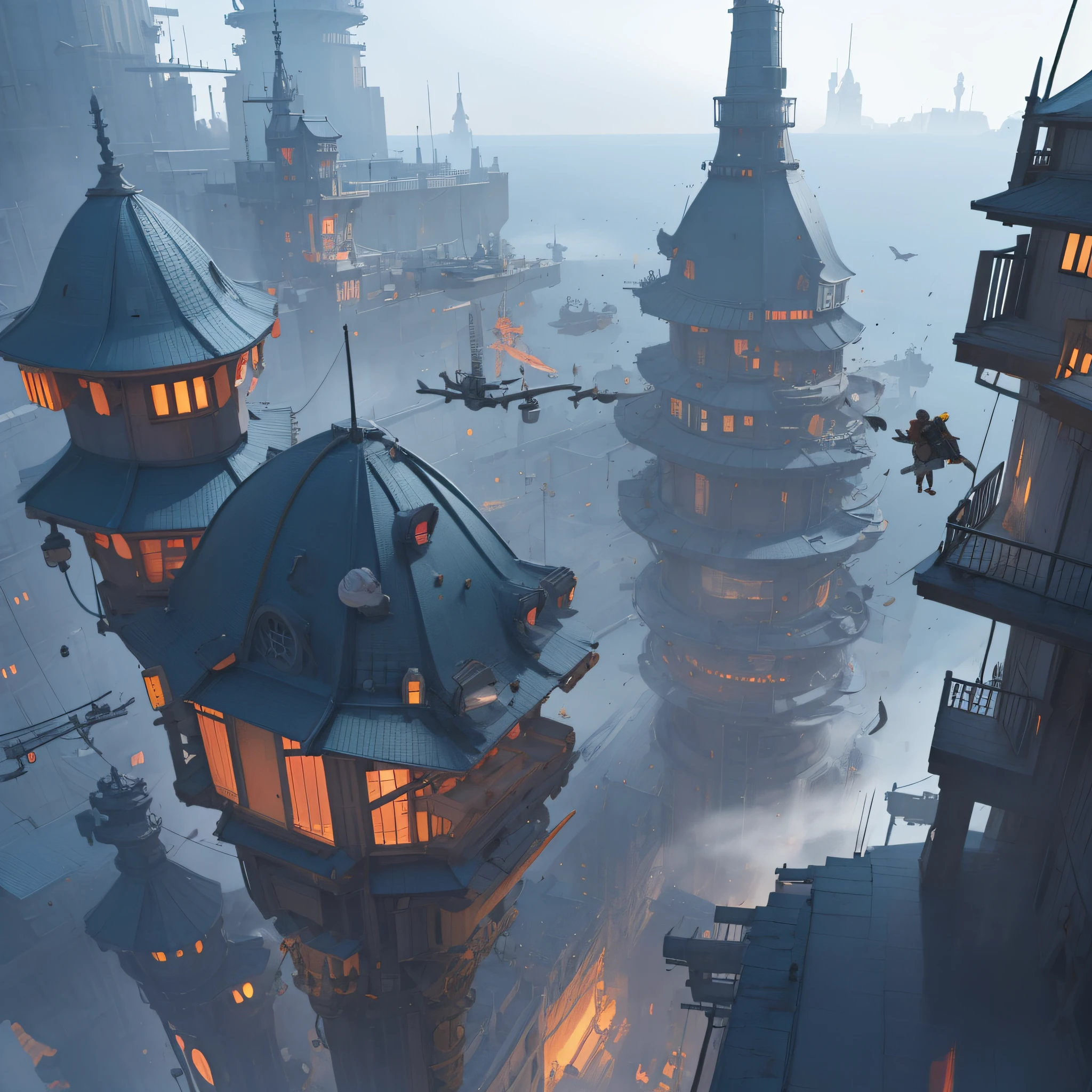 Skyscraper roof,Cartoon style,Shine,Cidade futuristica, City center, Hayao Miyazaki concept art wallpaper 4K, 4K concept map, Floating high-quality digital art, detailed digital concept art, 8K concept map, Fluid digital art