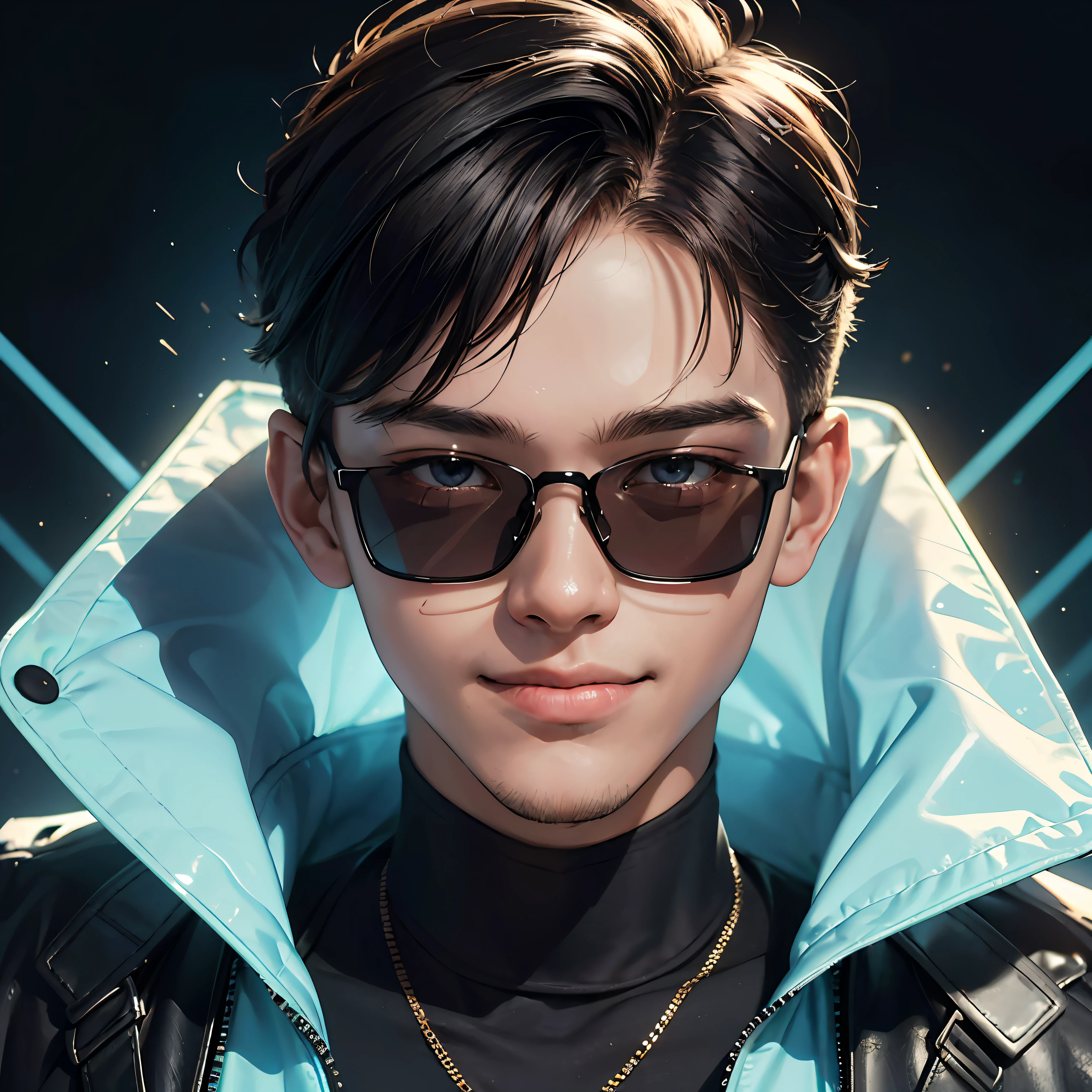 (masterpiece, best quality, high quality, high resolution, extremely detailed), cyber style man, 18 years old man, baby face, solo, short hair, city, colorful hair, close-up, wearing transparent black glasses, smiling mouth, cold eyes, transparent background --auto