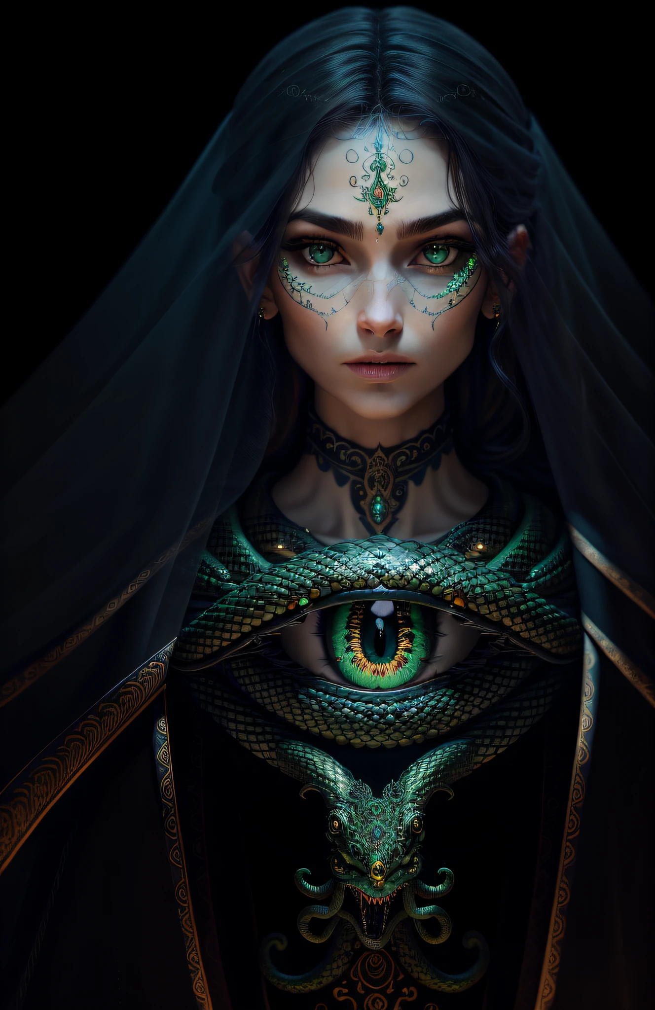 ((best quality)), ((masterpiece)), ((realistic)),witch, full body, the hair is composed of countless small snakes, green eyes, female face, metal carved top, royal aura, trend on artstation , sharp focus, studio photo, intricate detail, very detailed, detailed eye, illustration, very detailed, sharp focus, digital render, professional, 4k