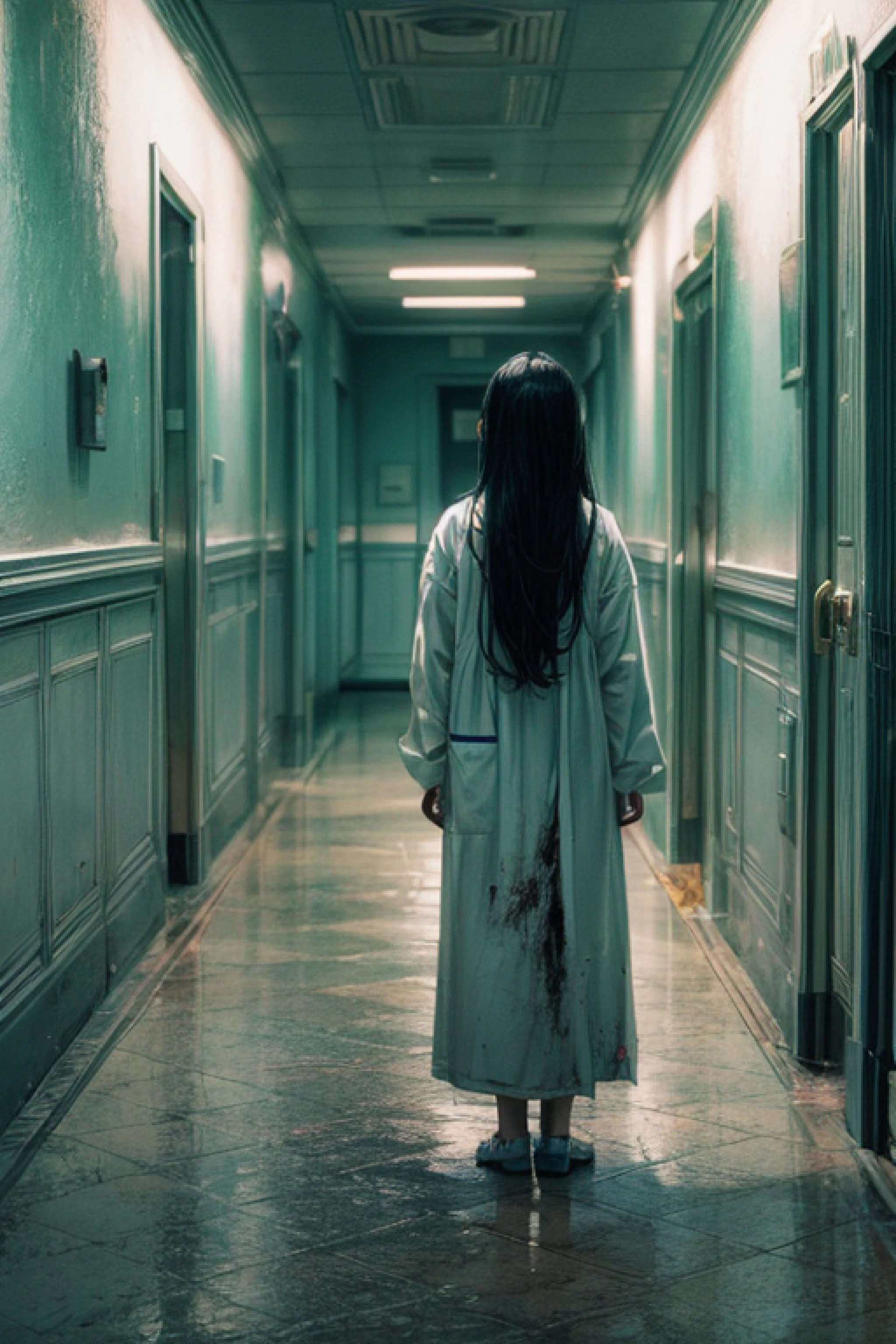 horror film shot of a girl with long straight black hair, wearing a dirty hospital gown,standing alone in the hallway at night, rule of the thirds, tonal color scheme, pale green, pensive stillness, bokeh, mystery, horror, unholy, eerie, creepy, moody lighting, in the style of denis villeneuve, film still, cinestill 800