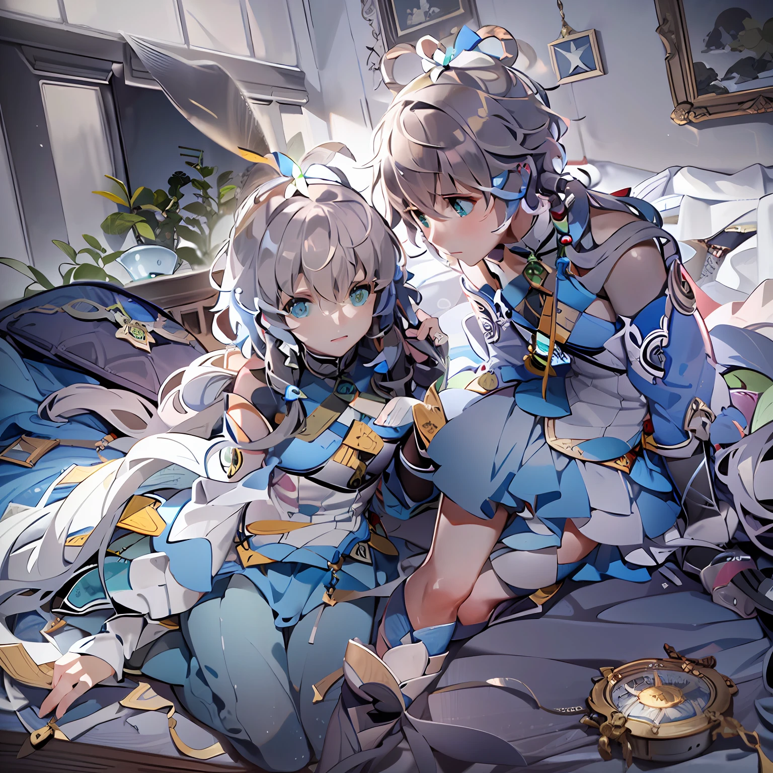 The brother and sister sit on their knees on a modern blue bed,Four eyes opposite,Look at each other,First perspective,Beautiful light and shadow,Ray traching
