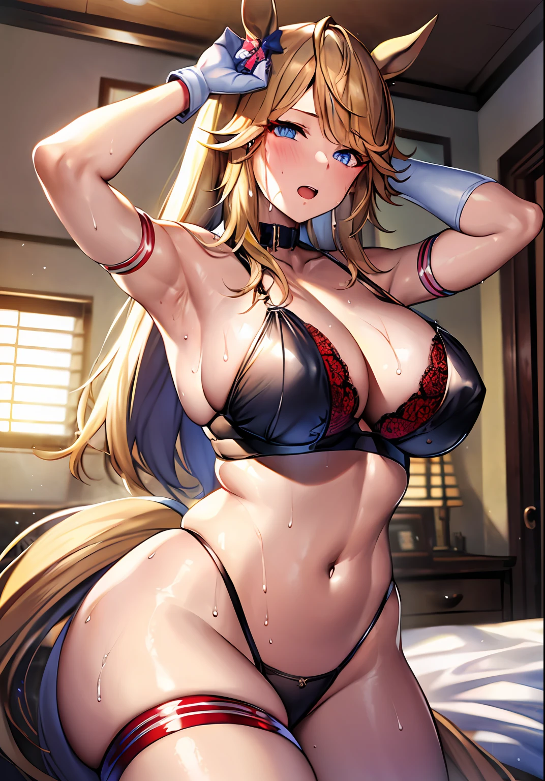 Top quality, super detailed anime super detail, Masterpiece, Anatomically correct, Fine hands, (Horse girl: 1.6), Horse Ears, horse tails, red tide, sexually arousing, (rut: 1.5), Big, Thighs, Sweaty, stuffy, ahegao, Trogao, Long Gloves to the Elbows, White gloves, realistic humid skin, (Soaked body: 1.3), Eye of detail, Erotic,, Armpits, Bedroom, lighting, ssee-through, (Breastfeeding: 1.6), (white underwear only: 1.6), deformity, streaks in the crotch, visible through lingerie