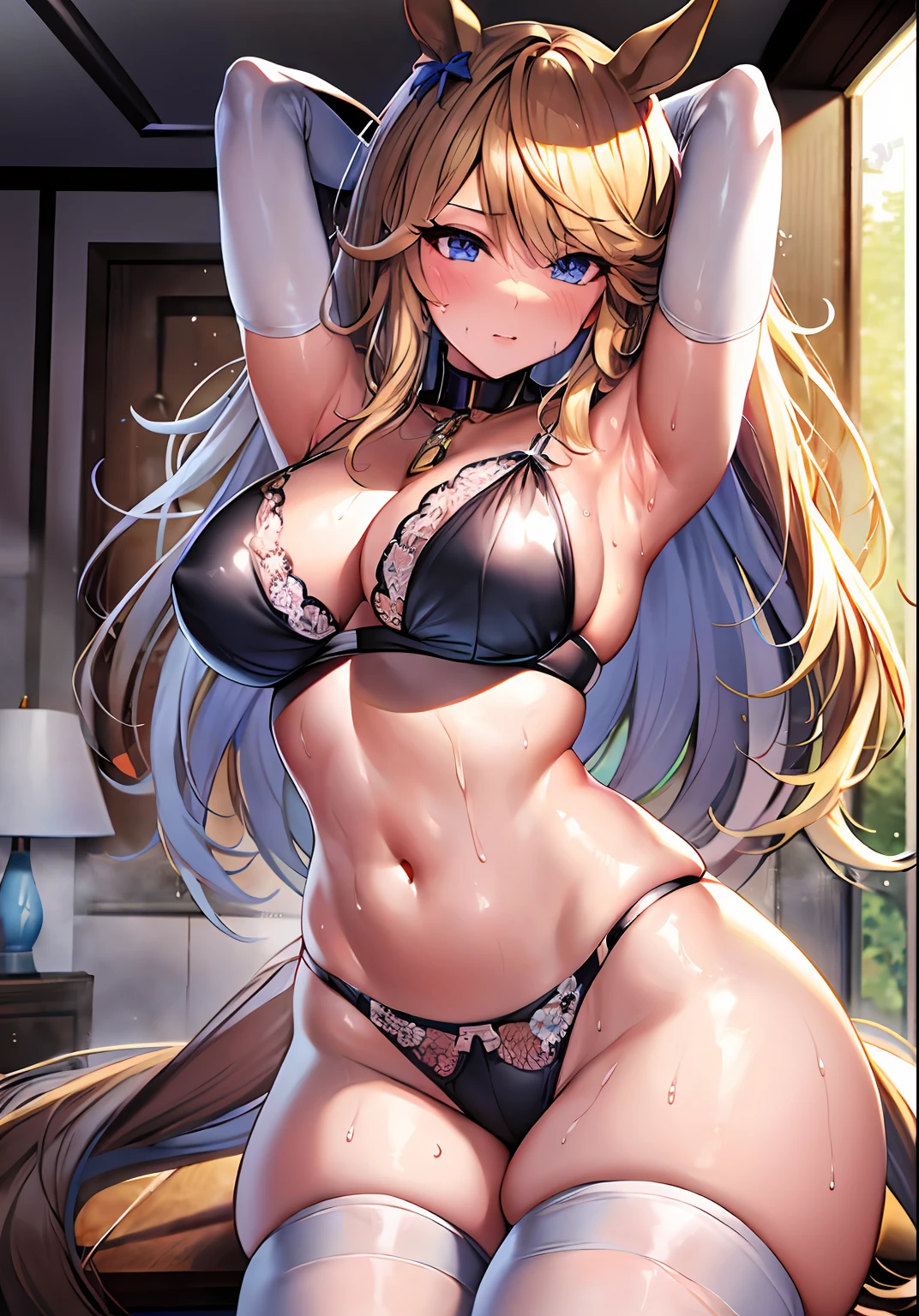 Top quality, super detailed anime super detail, Masterpiece, Anatomically correct, Fine hands, (Horse girl: 1.6), Horse Ears, horse tails, red tide, sexually arousing, (rut: 1.5), Big, Thighs, Sweaty, stuffy, ahegao, Trogao, Long Gloves to the Elbows, White gloves, realistic humid skin, (Soaked body: 1.3), Eye of detail, Erotic,, Armpits, Bedroom, lighting, ssee-through, (Breastfeeding: 1.6), (white underwear only: 1.6), deformity, streaks in the crotch, visible through lingerie