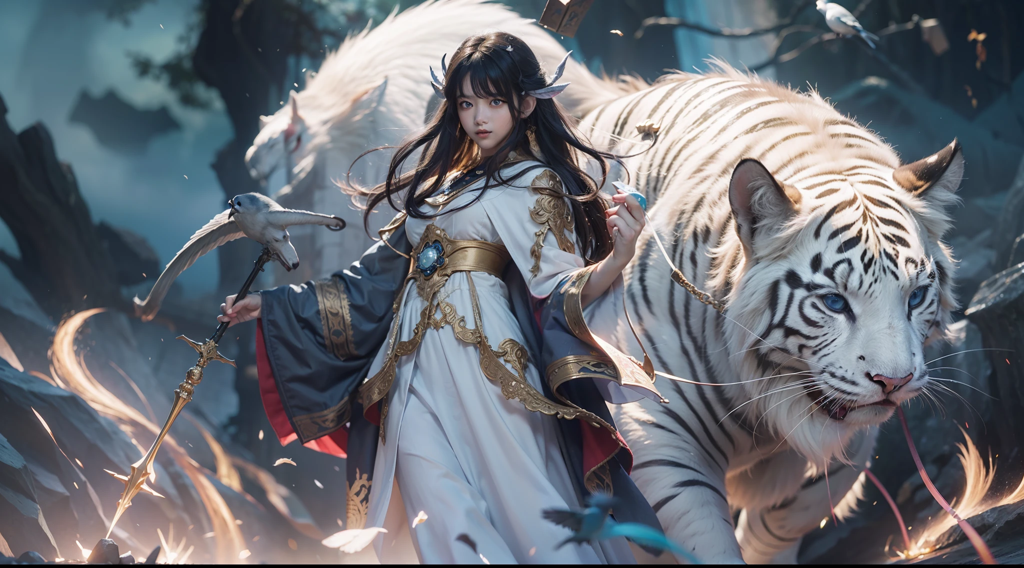 Magic Book,Blood,Night, Dark, (Fantasy),infinite,deep blue sky,The abyss of knowledge,Cowledge,((masutepiece)), (((Best Quality))),((Beautiful fine eyes)),(Eye lashes)、Beautiful girl riding a white tiger、(女の子1人)、Perfect human body structure、Black hair、The long-haired、abyss eyes、glowy skin、oils、small tits、(Bird body、pluma)、Wizard robes、tattered cloth、Realistic coat、Teenchi、elvish、Super delicate CG Unity 32k wallpaper、masterpiece, ((ultra-detailliert)), ((illustratio)),colourfull,wall-paper,The energy,Unknown terror,Incomprehensible,Around the magic,Magical surroundings,magic wands,Boken,Flying pages,Know everything,Predict the future、Get to know the past、Infinite wisdom、blue flames、Warlock、magic circles、Pentagram、Spells、mantra、Singing magic