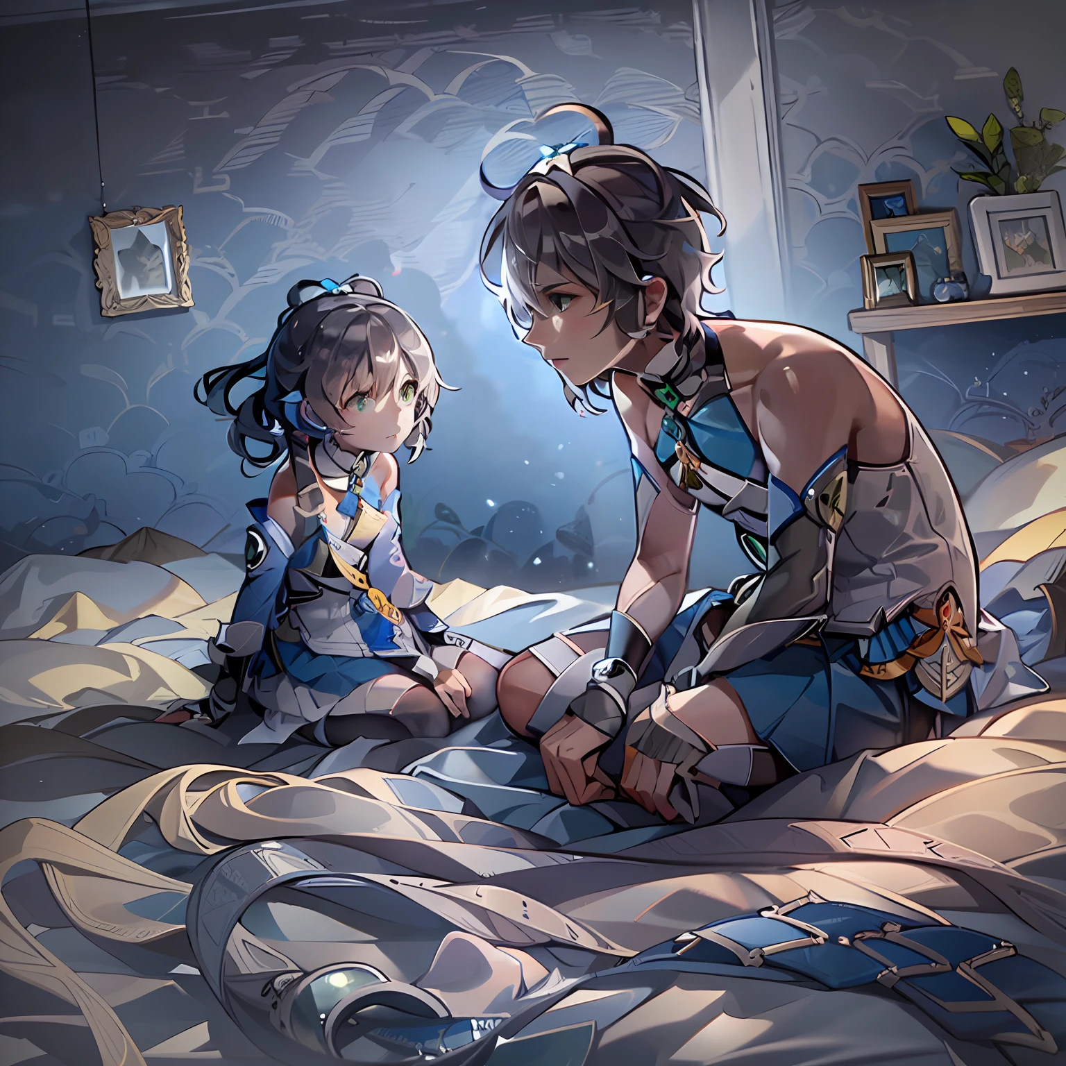 The brother and sister sit on their knees on a modern blue bed,Four eyes opposite,Look at each other,First perspective,Beautiful light and shadow,Ray traching