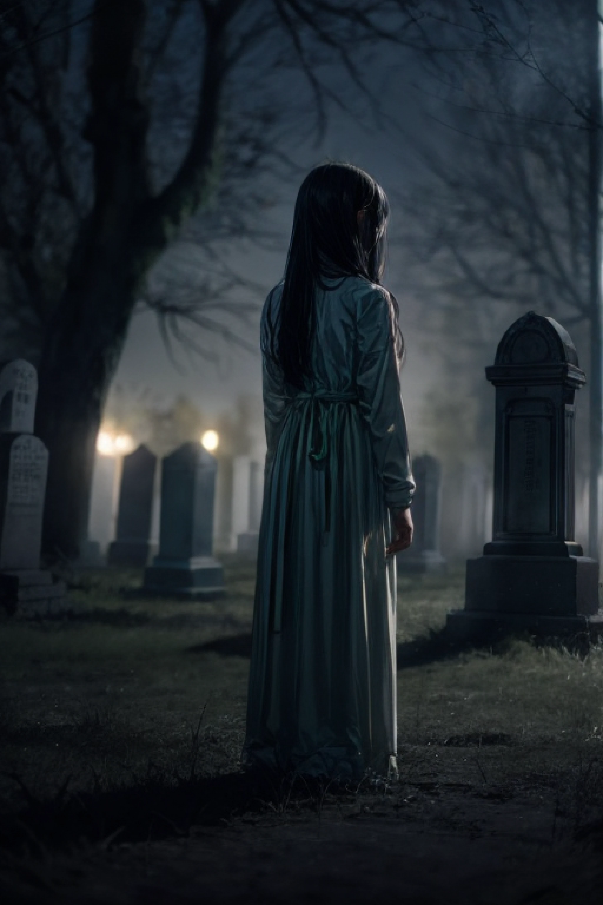 horror film shot of a creepy girl with long straight black hair, no face, wearing a dirty hospital gown,standing alone in the cemetery at night, rule of the thirds, tonal color scheme, pale green, pensive stillness, bokeh, mystery, horror, unholy, eerie, creepy, moody lighting, in the style of denis villeneuve, film still, cinestill 800