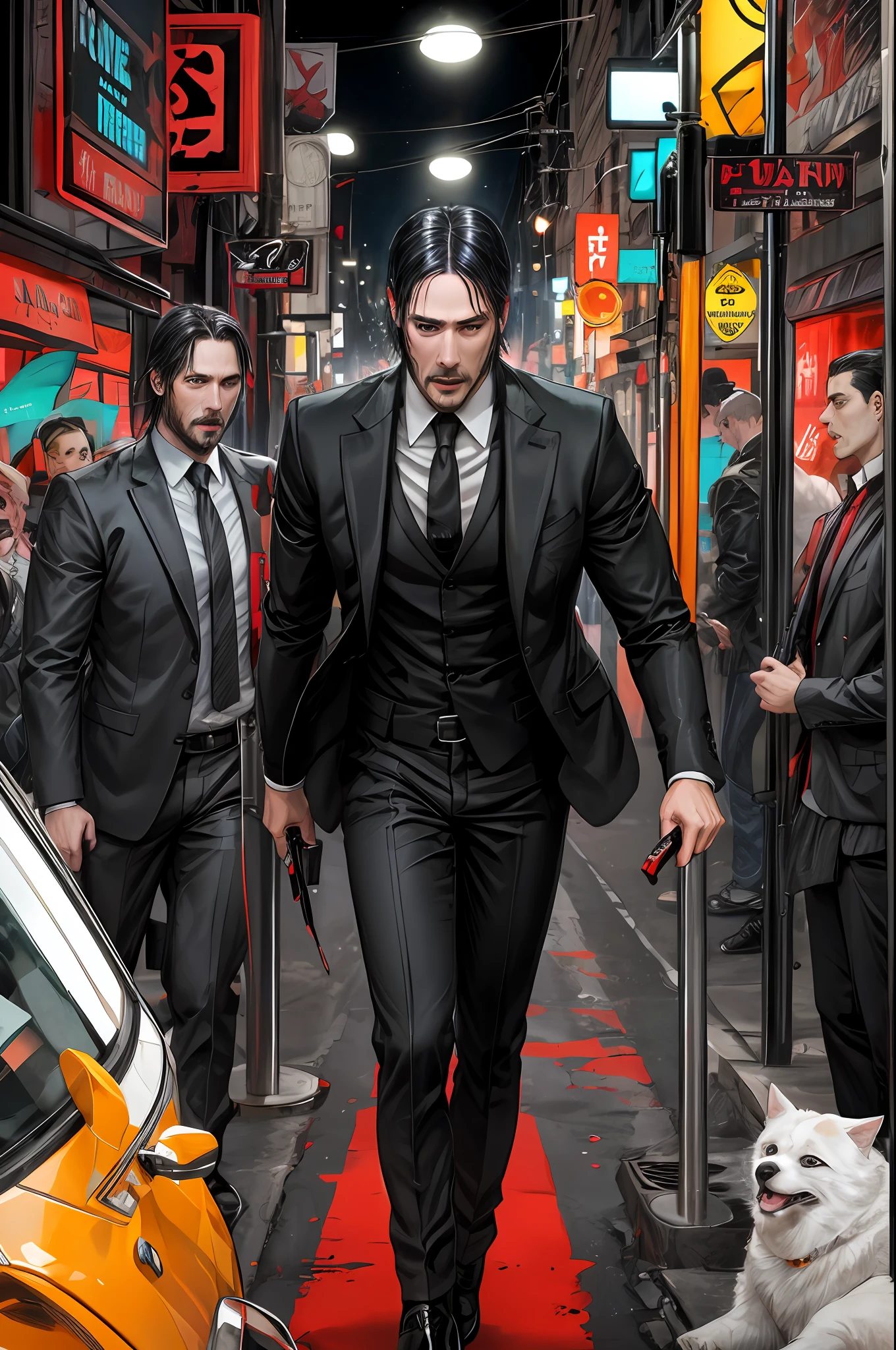 hard colors noir comix style John Wick, white and black and red