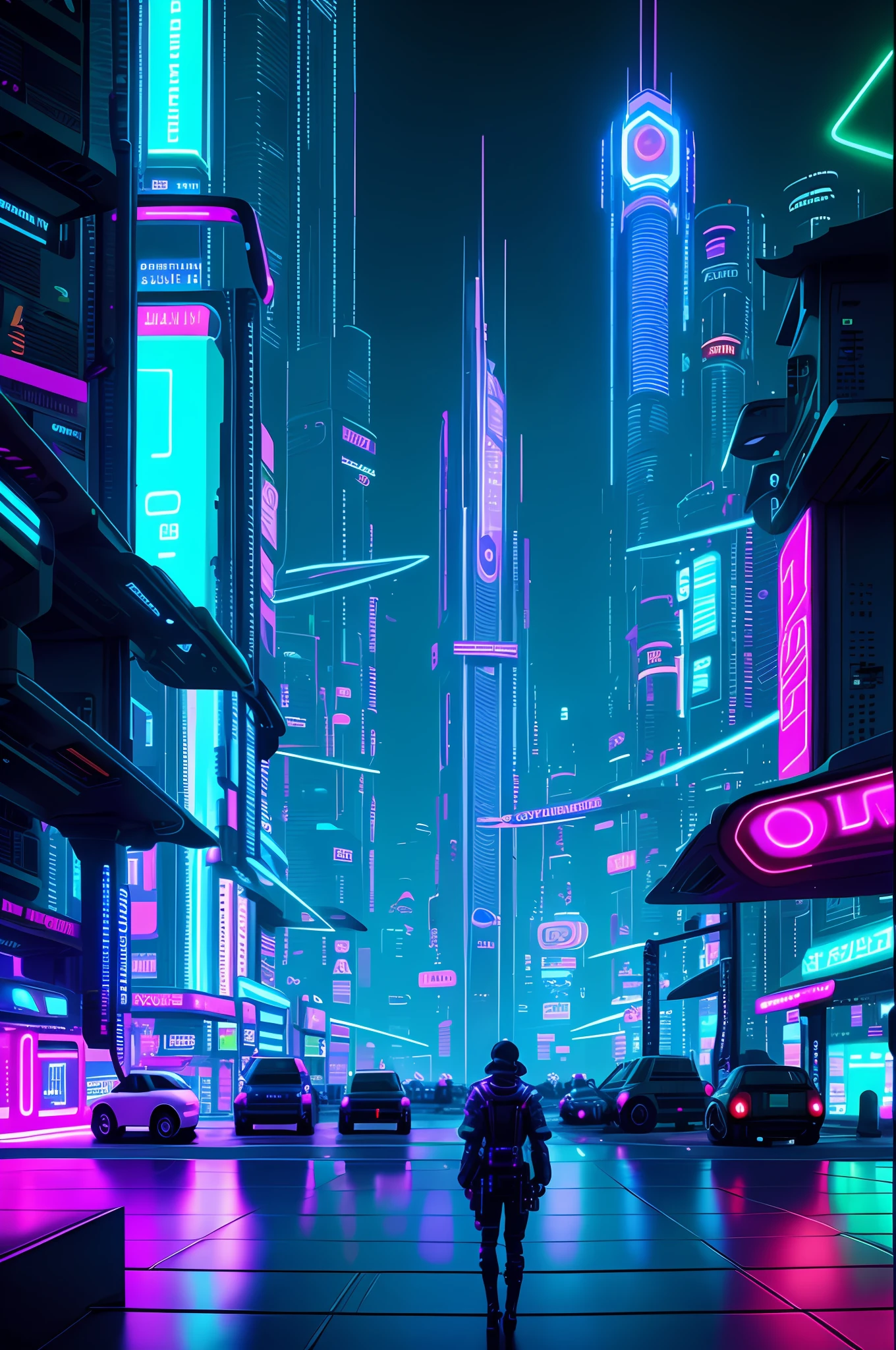 Futuristic city with neon lights and a man standing in the middle of the street, in a futuristic cyberpunk city, at cyberpunk city, futuristic street, futuristic city street, busy cyberpunk metropolis, futuristic cyberpunk city, Cyberpunk art style, cyberpunk city street, Cyberpunk Street, In a cyberpunk city, detailed neon cyberpunk city, Futuristic cyberpunk Tokyo by night, Sci-Fi Cyberpunk City Street