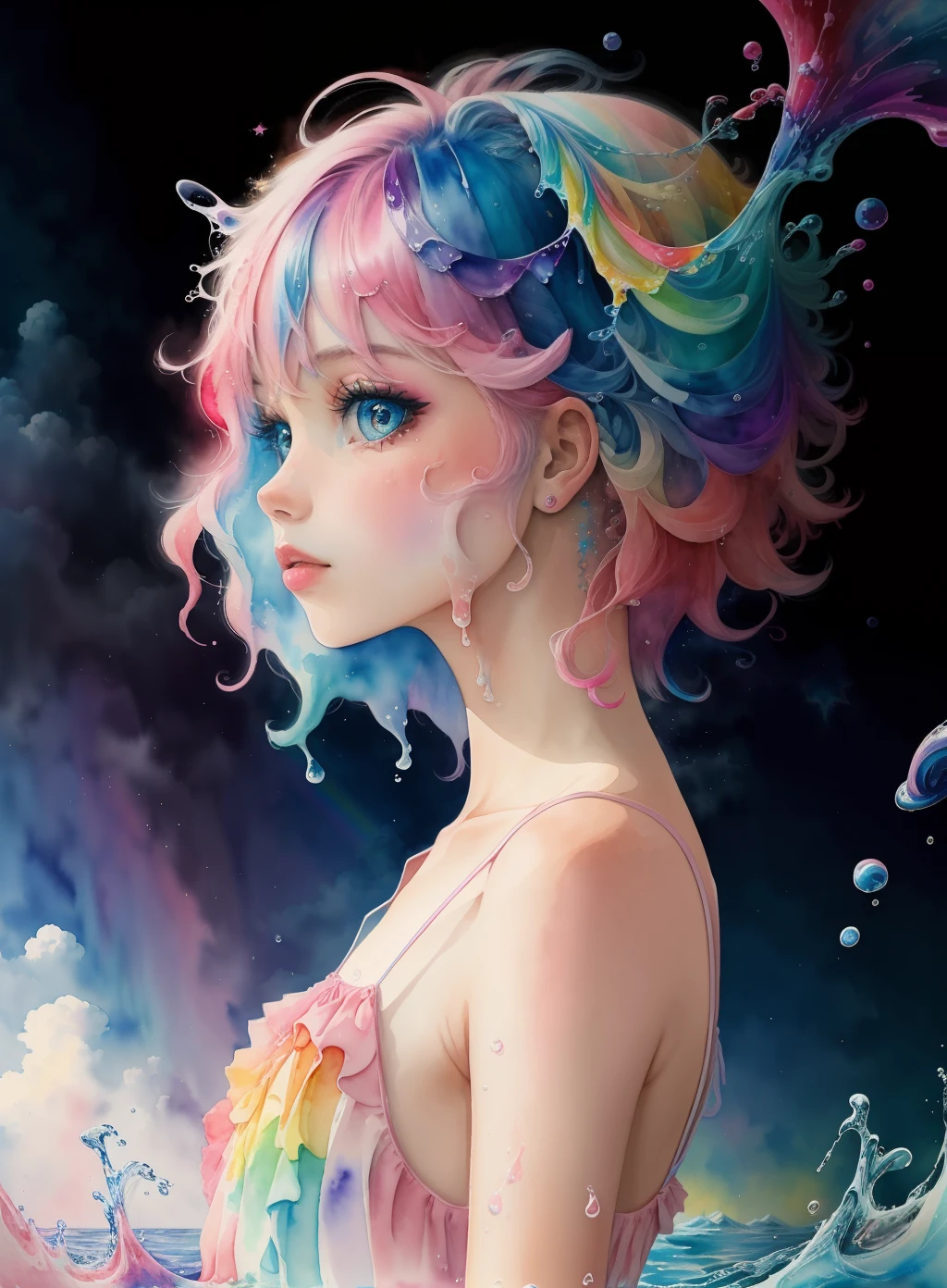 (masterpiece, top quality, best quality,watercolor (medium),official art, beautiful and aesthetic:1.2),(1girl:1.3), (fractal art:1.3),upper body, from side, looking at viewer,patterns,(rainbow color Hair,colorful hair,half blue and half pink hair:1.2),water,liquid, cloud,colorful, starry,stars,