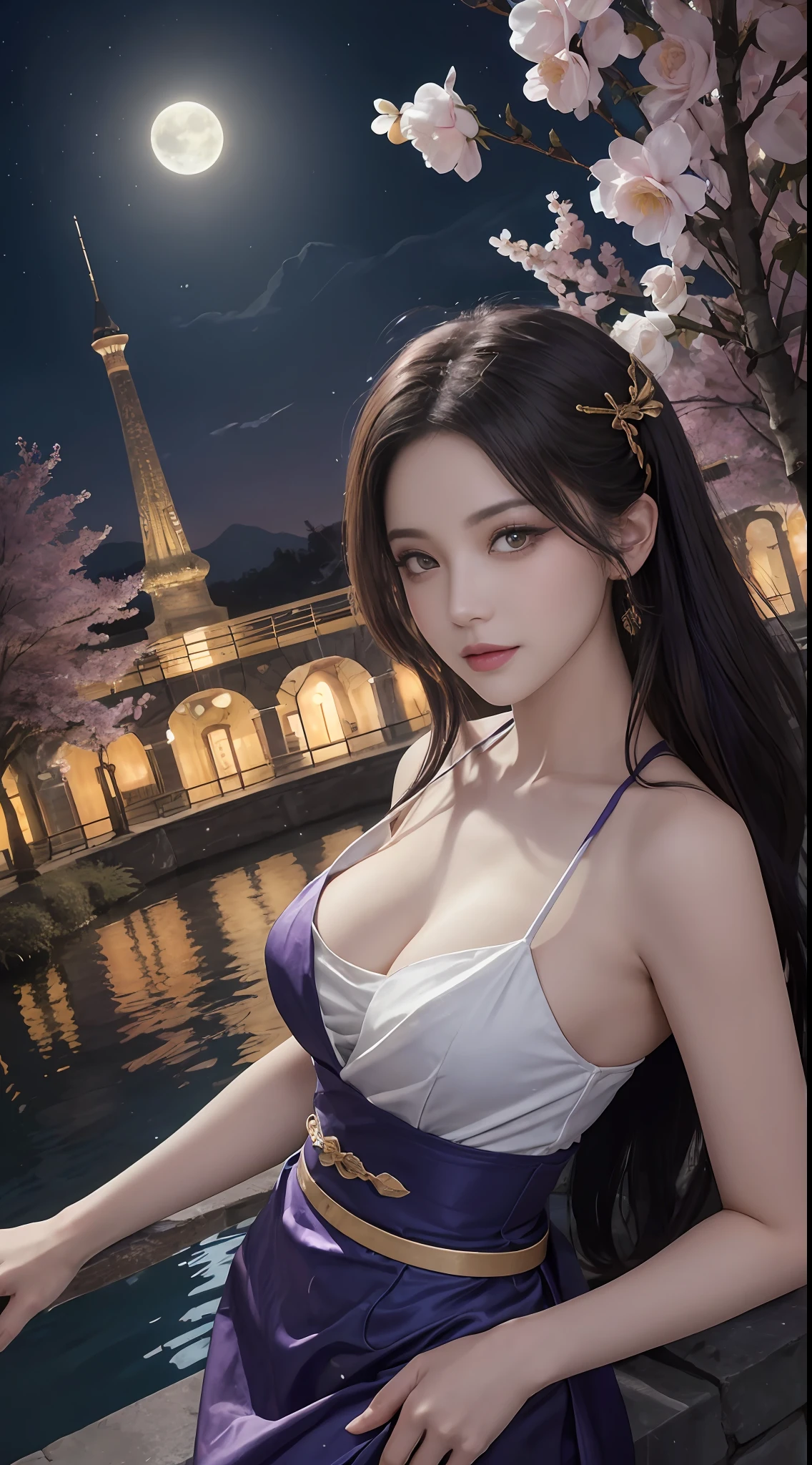 BREAK, 1girl，独奏，looking at viewert，(young cute beautiful 18-year-old girl:1.4)，3D脸，beuaty girl，beauitful face，prette，girly face，Kpop idol，Supermodel，Amazingly naïve symmetrical face，Perfect body，Medium breasts，Slim waist，delicate leg，(highdetailskin:1.4)，glowing light eyes，goddes，Natural skin texture，shiny skins，White skin，beautifull detailed face，Detail face，authentic skin texture，Cute delicate face，Fine face，the golden ratio，golden-ratio face，Expressive eyes，s the perfect face，Perfect skin，Immaculate face，Clear face，shinny hair，paleskin，Proper body proportion，Perfect anatomy，Realistic skin texture，lusciouslips，Smooth lips，Natural makeup，beautiful bright pupils，long slim figure，complex eyes，Fine pupils，Delicate face and eyes，long eyelasher，Blushlush，nice hand，perfect hand，Nice face，beautiful female bodies，Delicate skin，Oily glowing skin，BREAK，(((((chino，(Play the flute:1.4)，(Hanfu)、(Chinese outfit)、(Printing)、(powder/yellow/blue/blanche/rot/Black printed Chinese shirt)、(powder/yellow/blue/blanche/rot/Black print maxi dress)、(during night:1.5)、(exteriors、rays of moonlight、fire works、starrysky、Lake light background、glass、Mountains、Full moon background、Night Lake Shore、rios、ln the forest、Chinese courtyard、lanterns、ponds、cobblestone pathway、Building pavilions、Chinese style buildings、Mountains、Mist lake、Ancient Chinese background、water puddles、after rainny:1.5)、(purpleeyes、Light purple hair，long whitr hair，Purple eyelashes:1.4)，(Purple lips，Purple lip color，glowing light eyes:1.4)，(messy  hair，Blushlush，Open mouth，ssmile，The color of the flash，Flat bangs:1.3)，(Background of cherry blossom trees，with petals falling，Wet grass and trees，flower  sea，on a grassy field，waterfallr，light wind，spatter，petals，leafs，blooms，Blooming effect，Heavy streams of petals float around，petals，butterflys，blossoms，petals，petals，a plant，great outdoors，beautiful grassland，Purple roses，Many purple roses，Leaves fall from the tree，Candles sway in the wind，Colorful sparks float，The dust is drifting，