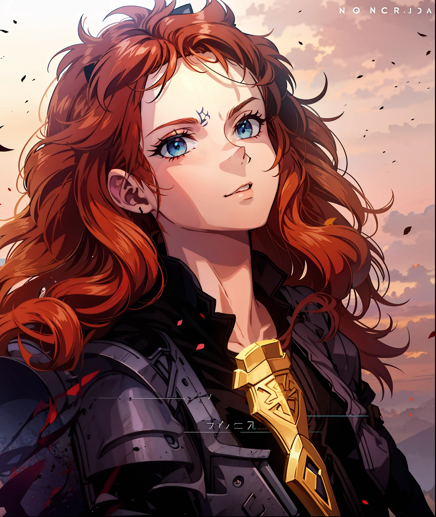 Boadicea, red-haired Viking warrior with Nordic armor and rune tattoos on her body and blooming blue eyes holding an axe, 4k
