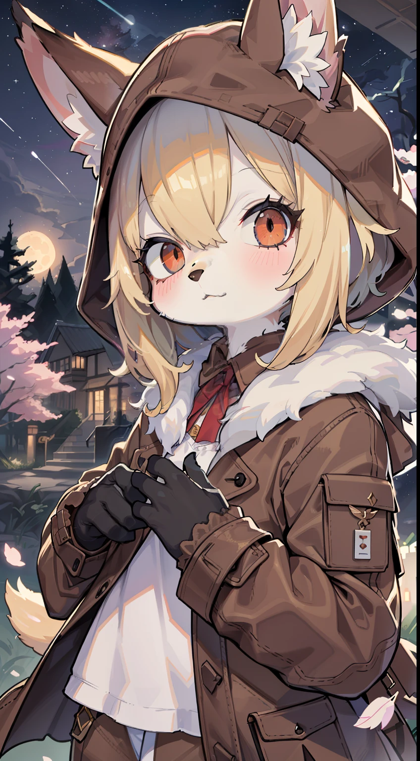 Fox Boy,hairy pubic,shaggy,Skin fur,Golden fur,Golden yellow face fur,Short straight blonde hair,Eyes have light,Red eyes,Super cute face,Brown elements on fur,Brown coat brown hood up,Star pattern white top,brown shorts,Beautiful lights and shadows,Ambient light,Ultra-fine fur,volumettic light,Night,natural lightting,Fluffy tail,Night,starrysky,Vast landscape,crossed bangs, Hairline, Shiny hair, lone nape hair, ,Dilated pupils,Sleepy,(moon full:1.2),(meteors:0.9),(Starcloud:1.3),Inside the cherry blossom forest,Cherry blossoms fall,(Warm light source:1.2),(glowworm:1.2), Purple and orange,Complicated details,Volumetriclighting,Realist breakthrough(tmasterpiece:1.2)(best qualtiy),4K,Ultra-delicate,(Dynamic configuration:1.4),Highly detailed and colorful details,(Irridescent color:1.2),(luminouslighting,Atmospheric lighting),dream magical,magic,(独奏:1.2)Glowing light, in a panoramic view