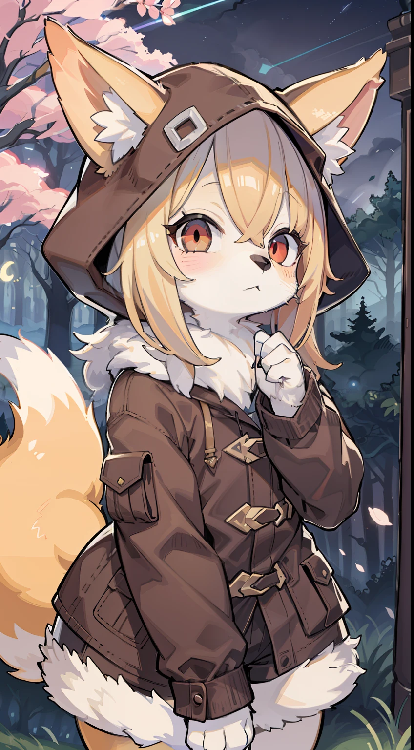 Fox Boy，hairy pubic，shaggy，Skin fur，Golden fur，Golden yellow face fur,Short straight blonde hair，Eyes have light，Red eyes，Super cute face，Brown elements on fur，Brown coat brown hood up，Star pattern white top，brown shorts，Beautiful lights and shadows，Ambient light，Ultra-fine fur，volumettic light，Night,natural  lightting，Fluffy tail，Night，starrysky，Vast landscape，crossed bangs, Hairline, Shiny hair, lone nape hair, ，Dilated pupils，Sleepy，（moon full：1.2），（meteors：0.9），（Starcloud：1.3），Inside the cherry blossom forest，Cherry blossoms fall，（Warm light source：1.2），（glowworm：1.2）， Purple and orange，Complicated details，Volumetriclighting，Realist breakthrough（tmasterpiece：1.2）（best qualtiy），4K，Ultra-delicate，（Dynamic configuration：1.4），Highly detailed and colorful details，（Irridescent color：1.2），（luminouslighting，Atmospheric lighting），dream magical，magic，（独奏：1.2）Glowing light, in a panoramic view