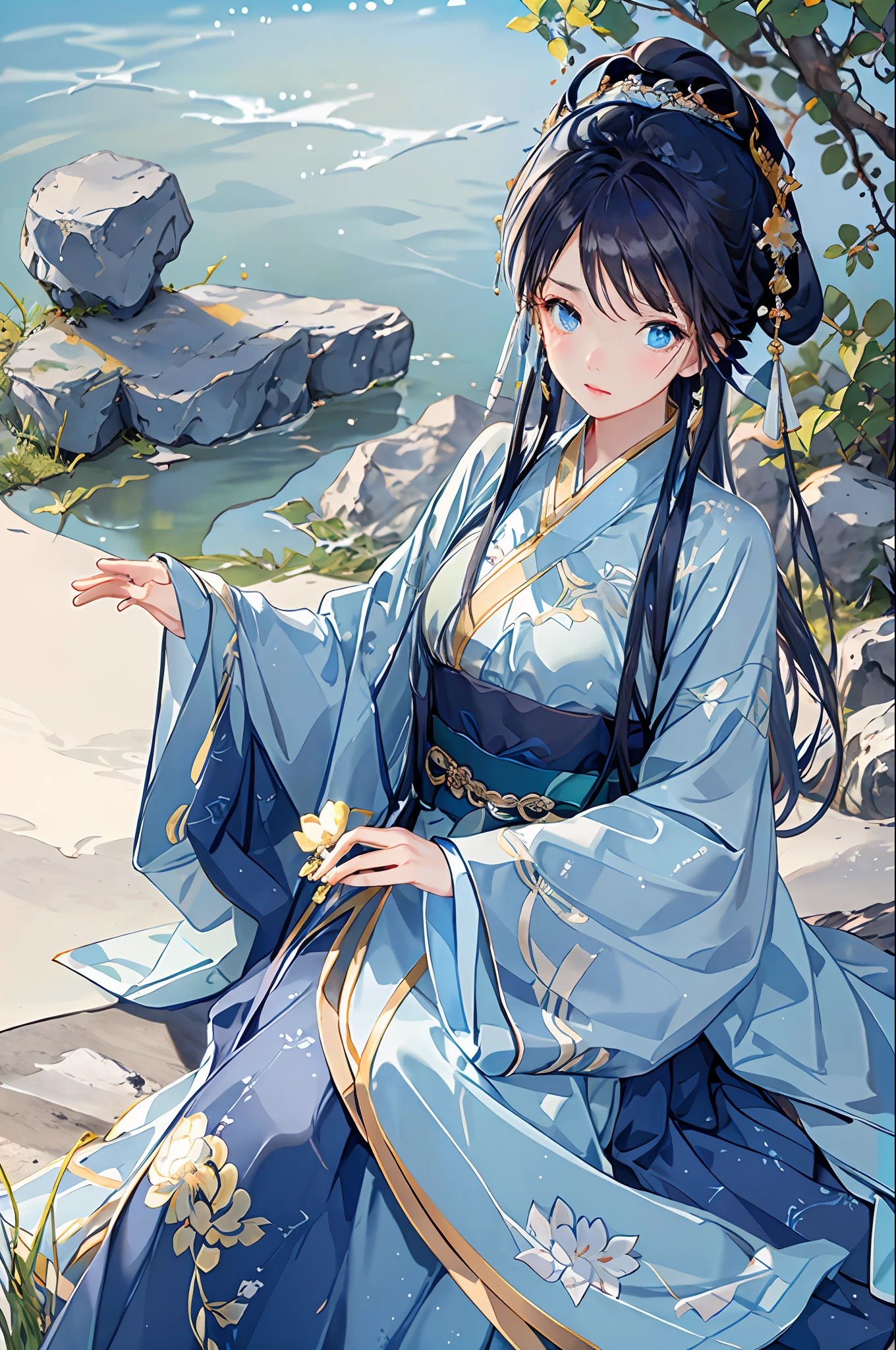 Best quality,Complicated details,High- sharpness,(beautiful detailed water:1.4),(Hanfu,Tang style),(blue colored eyes,(Girl in a glass jar:1.1),Cold