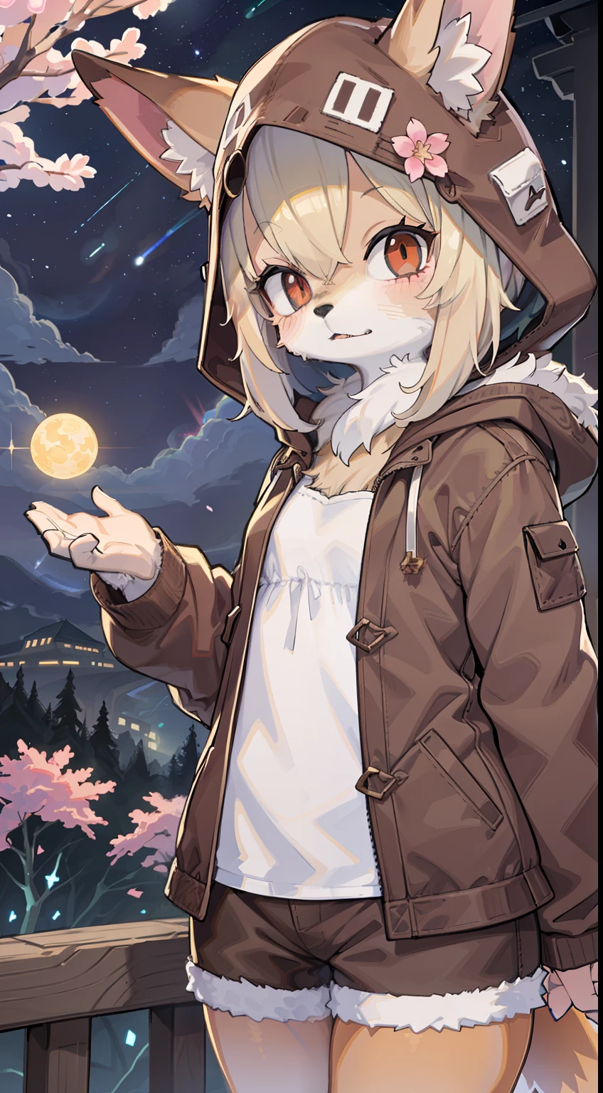 Fox Boy,hairy pubic,shaggy,Skin fur,Golden fur,Golden yellow face fur,Short straight blonde hair,Eyes have light,Red eyes,Super cute face,Brown elements on fur,Brown coat brown hood up,Star pattern white top,brown shorts,Beautiful lights and shadows,Ambient light,Ultra-fine fur,volumettic light,Night,natural lightting,Fluffy tail,Night,starrysky,Vast landscape,crossed bangs, Hairline, Shiny hair, lone nape hair, ,Dilated pupils,Sleepy,(moon full:1.2),(meteors:0.9),(Starcloud:1.3),Inside the cherry blossom forest,Cherry blossoms fall,(Warm light source:1.2),(glowworm:1.2), Purple and orange,Complicated details,Volumetriclighting,Realist breakthrough(tmasterpiece:1.2)(best qualtiy),4K,Ultra-delicate,(Dynamic configuration:1.4),Highly detailed and colorful details,(Irridescent color:1.2),(luminouslighting,Atmospheric lighting),dream magical,magic,(独奏:1.2)Glowing light, in a panoramic view