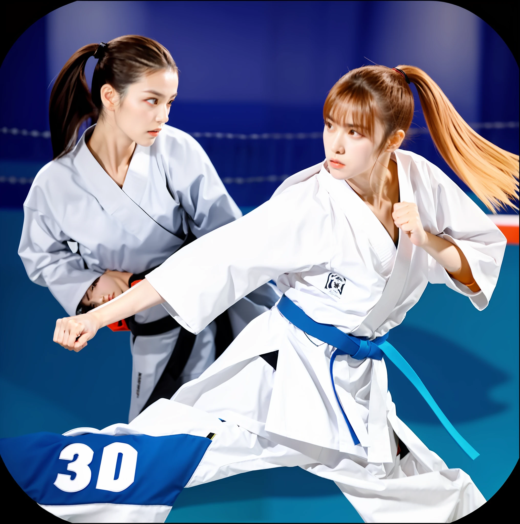 Close up of two women in karate gear on blue background, Martial arts tournament, KARATE, Sharp focus 3 D, Martial arts, Fighting posture, intense battles, fighting game, aikido, in dojo, fight battle, inspired by Baiōken Eishun, Fighting, karate stance, hand to hand combat, author:Adam Manyoki, martial art pose