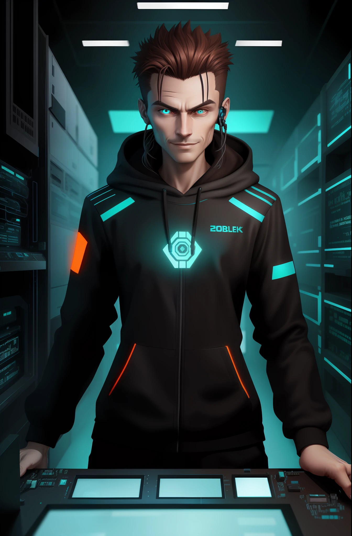 (Absurdres, Intricate Details, Masterpiece, Best Quality, High Resolution, 8k), 1 black female, swedish, mature, aged up, handsome, finely detailed eyes and face, brown quiff hair, teal eyes, looking at viewer, solo, (full body:0.6), detailed background, detailed face, (CircuitBoardAI, electronic theme:1.1) evil high-tech futuristic hacker, smirk, advanced technology, hoodie, techwear, keycard, cables, (holographic display:1.05), error message, computer, password, server room in background, orange lights, cyber-warfare, dark sinister atmosphere, Depth of Field, VFX.
