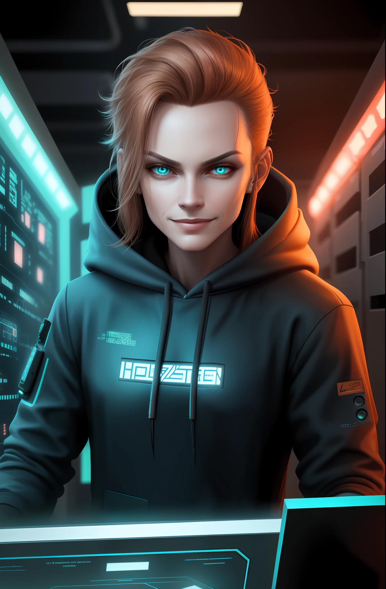 (Absurdres, Intricate Details, Masterpiece, Best Quality, High Resolution, 8k), 1 female, swedish, mature, aged up, handsome, finely detailed eyes and face, brown quiff hair, teal eyes, looking at viewer, solo, (full body:0.6), detailed background, detailed face, (CircuitBoardAI, electronic theme:1.1) evil high-tech futuristic hacker, smirk, advanced technology, hoodie, techwear, keycard, cables, (holographic display:1.05), error message, computer, password, server room in background, orange lights, cyber-warfare, dark sinister atmosphere, Depth of Field, VFX.
