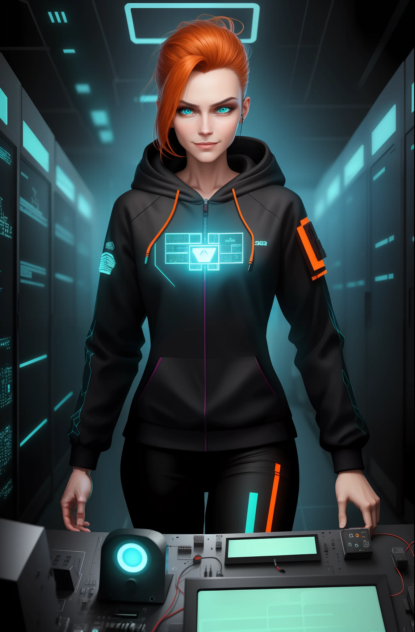 (Absurdres, Intricate Details, Masterpiece, Best Quality, High Resolution, 8k), 1 female, swedish, mature, aged up, handsome, finely detailed eyes and face, brown quiff hair, teal eyes, looking at viewer, solo, (full body:0.6), detailed background, detailed face, (CircuitBoardAI, electronic theme:1.1) evil high-tech futuristic hacker, smirk, advanced technology, hoodie, techwear, keycard, cables, (holographic display:1.05), error message, computer, password, server room in background, orange lights, cyber-warfare, dark sinister atmosphere, Depth of Field, VFX.
