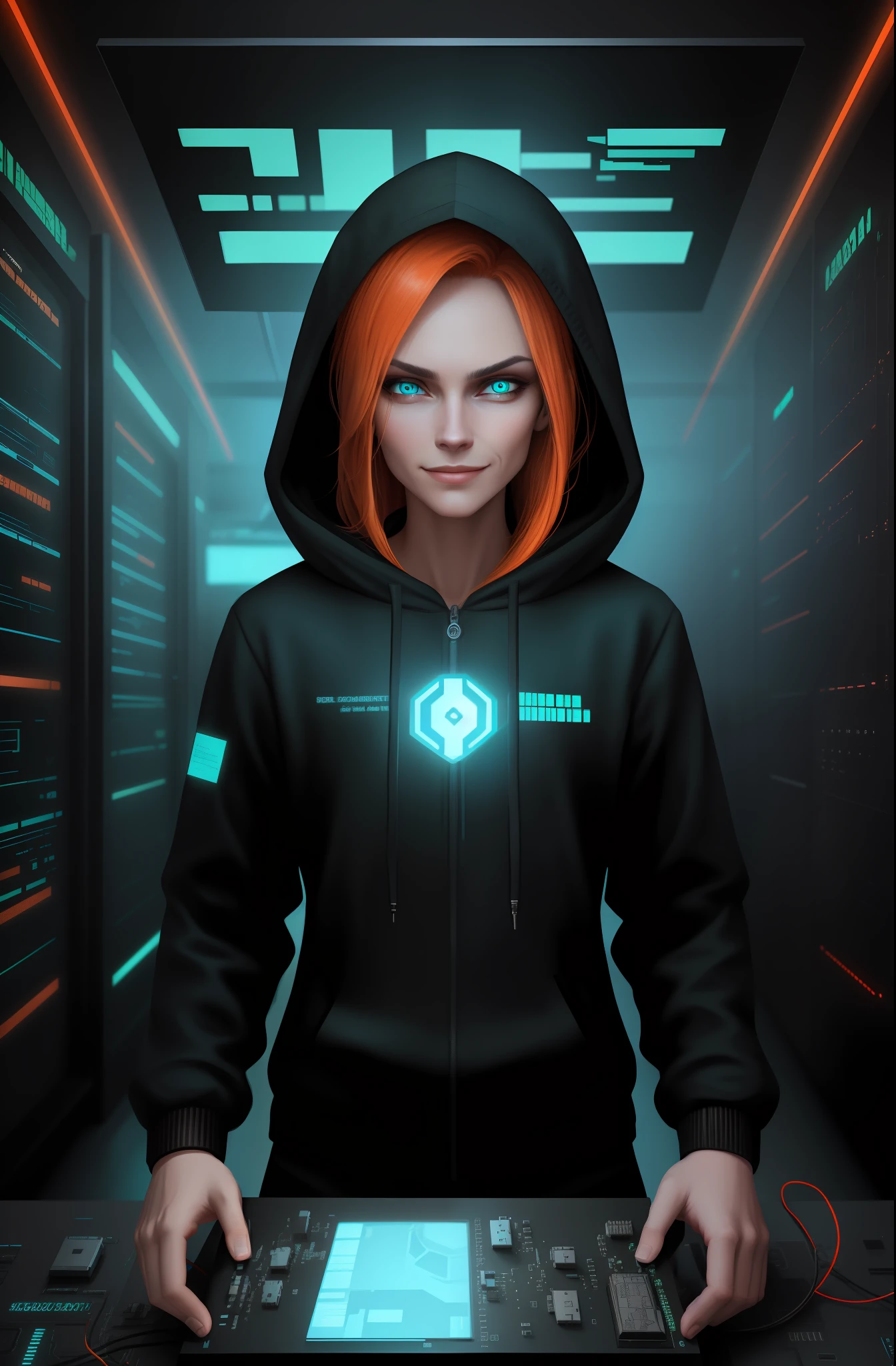 (Absurdres, Intricate Details, Masterpiece, Best Quality, High Resolution, 8k), 1 black female, swedish, mature, aged up, handsome, finely detailed eyes and face, brown quiff hair, teal eyes, looking at viewer, solo, (full body:0.6), detailed background, detailed face, (CircuitBoardAI, electronic theme:1.1) evil high-tech futuristic hacker, smirk, advanced technology, hoodie, techwear, keycard, cables, (holographic display:1.05), error message, computer, password, server room in background, orange lights, cyber-warfare, dark sinister atmosphere, Depth of Field, VFX.