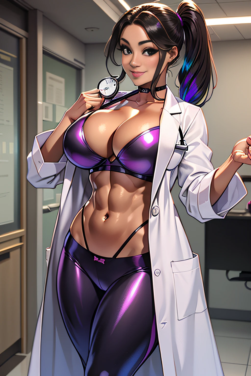 Five Fingers、Very big big breasts、Chest that seems to burst、cleavage of the breast、One Female Doctor、long legged、Fitness Model、musculature、abdominals、Height 175cm、poneyTail、skin tanned、a smile、Glossy lab coat、stethoscope、full-body view、Iridescent underwear、The shirt、JINS、publicity cosplay、full-cosplay、taken with canon 5d mk4、cosplay foto