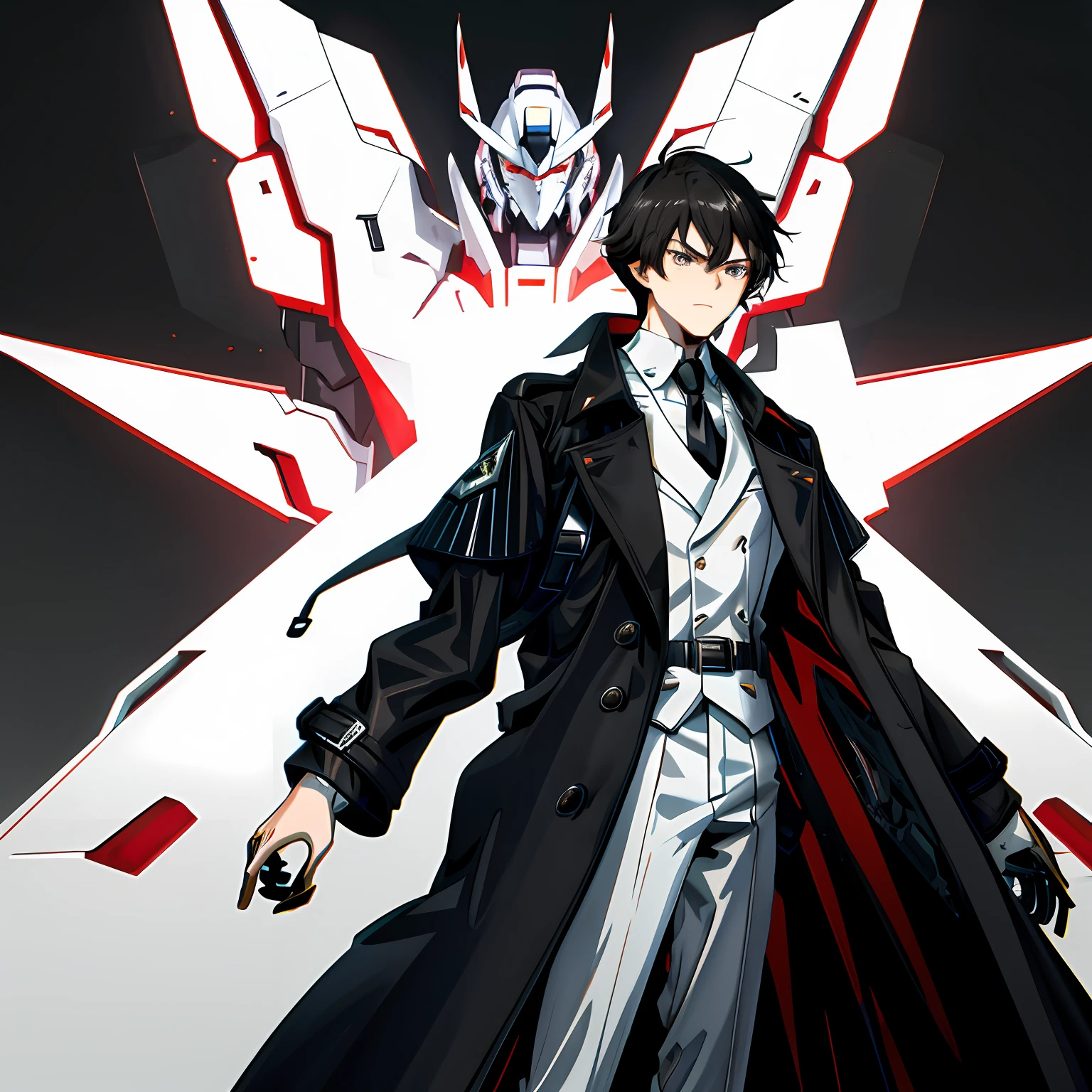 white color mecha,In front stood a boy dressed in white,The mech enters battle mode,The boy wears a black trench coat
