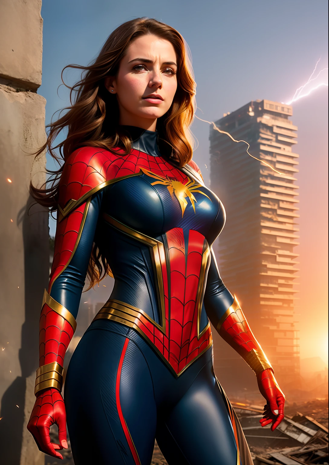 Beautiful woman of European appearance in detailed brown Spider-Man costume, big breastes, Superhero pose, standing in a ruined city at sunset, hyper-detailing, Smoke, sparks, sunlight rays (8 thousand), Realistic, Symmetrical, Award-winning, Cinematic Lightning, impregnated with film, 75 mm, Scratches, Full-body shot, a closeup of a, torn and dirty clothes, detailized face,