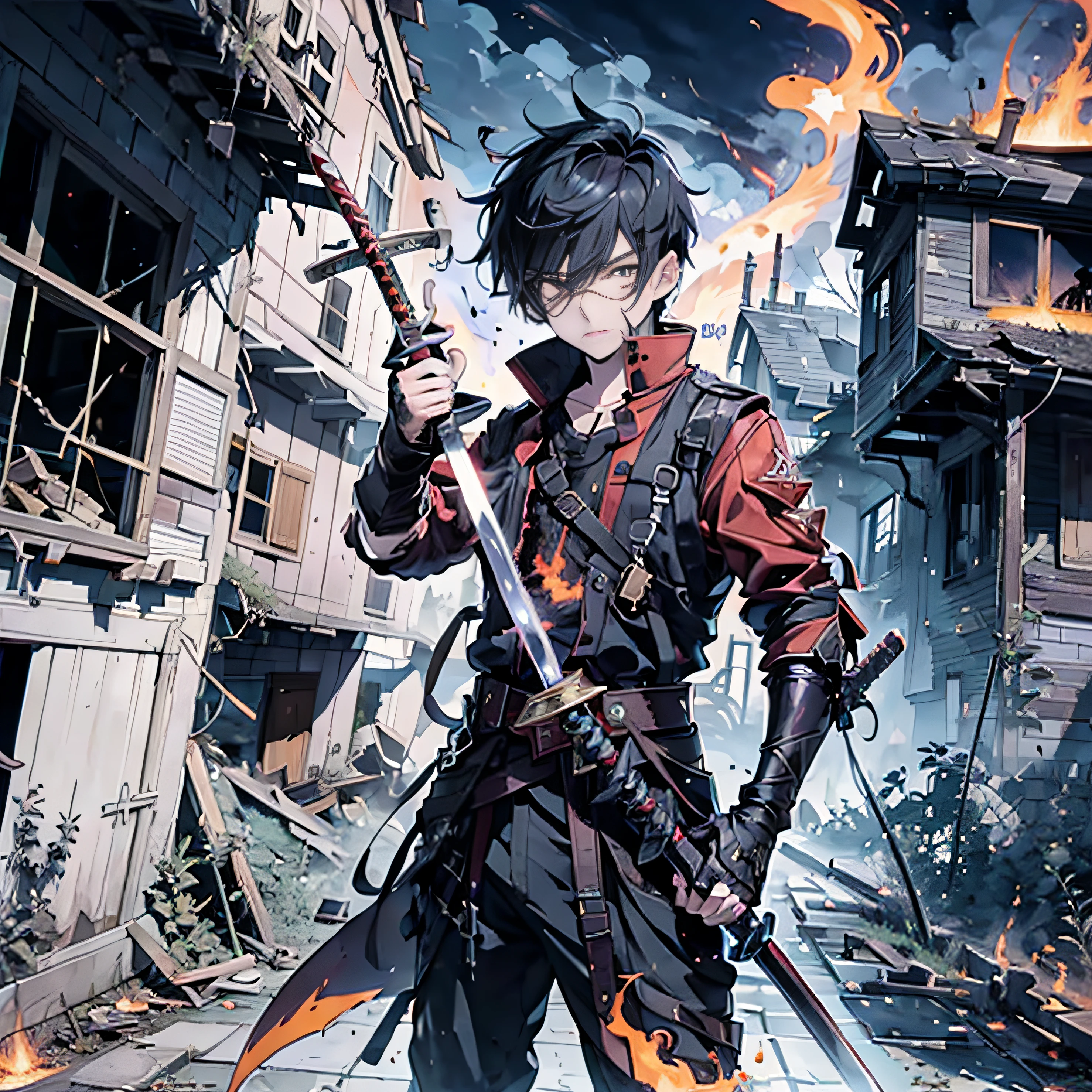 2 Boys，2boy，2 Anime boy，With a sword，Wield this sword，A sword surrounded by red flames，Wield this sword， Ruined suburbs，Dilapidated old house，background inside dark，Ultra-long viewing angle，A dilapidated house in the distance，sword-wielding，sword-wielding