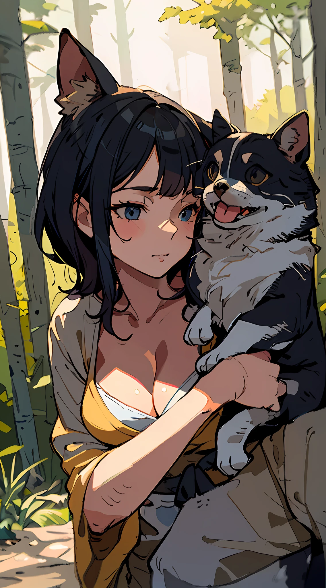 A kitten，a puppy dog，One  Girl（closeup cleavage），
exteriors，the woods，
in the afternoon，（Graphic design effects），（Illustration skills, Drawing），tmasterpiece, hyper HD, Best picture quality, A high resolution,16k, hyper-high detail