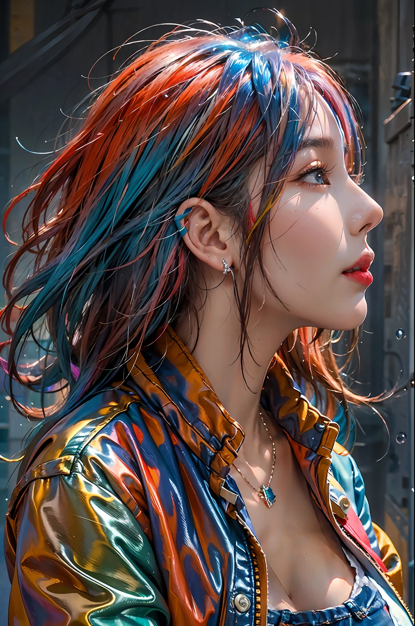 photorealistic, high resolution, colorful, color splash, splash, 1 girl, solo, hips up, beautiful eyes, rainbow hair, medium breast, t-shirt, blue pants , red jacket, streetwear, bracelets,elegant necklace, elegant diamond earrings, fashion magazine