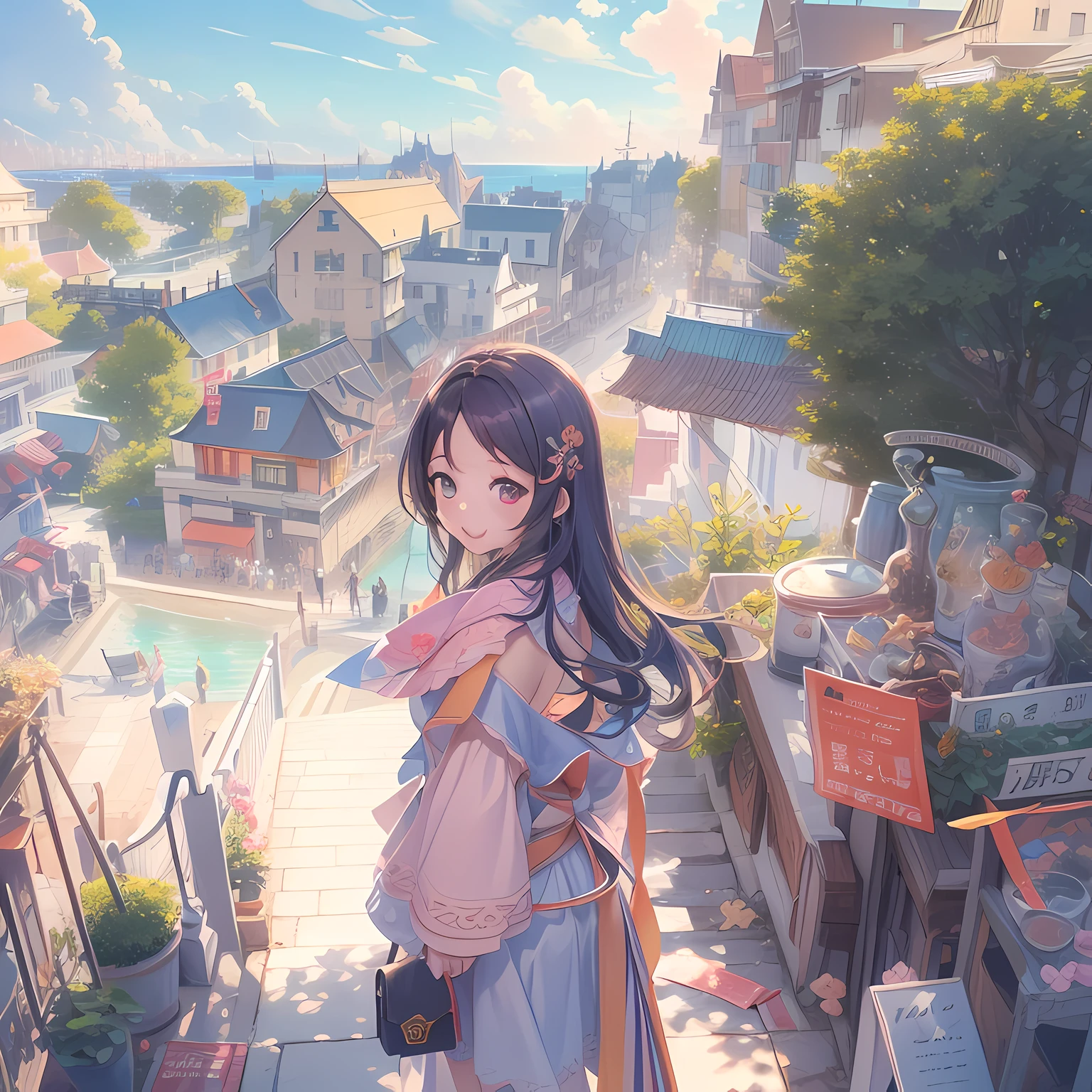 (8k、top-quality、masterpiece:1.2)、(illustration:1.37)、ultra-detailliert、 1 人、cute little、soio、Beautiful detailed sky、daytime、walking, (a smile:1.15), street, seaside, NovaFrogStyle,