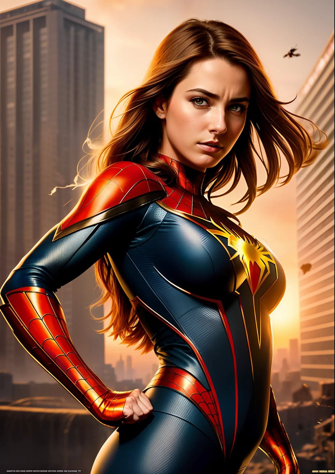 Beautiful woman of European appearance in detailed brown Spider-Man costume, big breastes, Superhero pose, standing in a ruined city at sunset, hyper-detailing, Smoke, sparks, sunlight rays (8 thousand), Realistic, Symmetrical, Award-winning, Cinematic Lightning, impregnated with film, 75 mm, Scratches, Full-body shot, a closeup of a, torn and dirty clothes, detailized face,