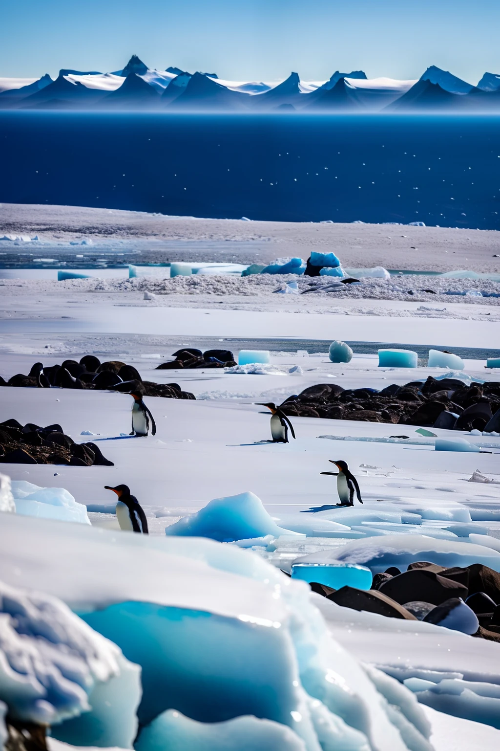 There is the sea on top of the mountain,The blue sea surrounds a small patch of white ice,The sea is surrounded by ice,There is a flock of penguins,In the distance is a pile of snowy mountains,Top angle of view,Wide lens