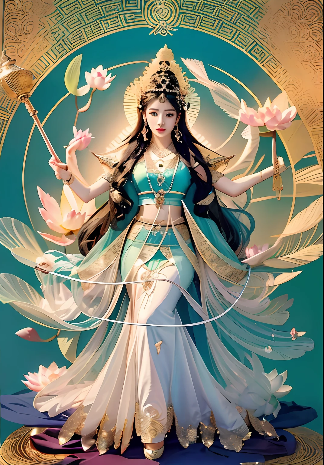 tmasterpiece，超高分辨率，Beauty sitting on a trolley with lotus seat，Has six arms，Each arm holds a magic weapon，Wear a light blue dress，The skin is delicate and white，crown，Yingluo，There were seven piglets pulling the cart,The background is blue sky，Elegant colors，Light and dark are clear，Extremely high detail,  full art illustration,photorealestic，professional photoshooting，Goddess. Extremely high detail, indian goddess of wealth, extremely detailed goddess shot, goddess of love and peace, goddess art, inspired by Tawaraya Sōtatsu, bodhisattva, full art illustration, author：Sava Shumanovich, Detailed fanart, an ancient Chinese goddess