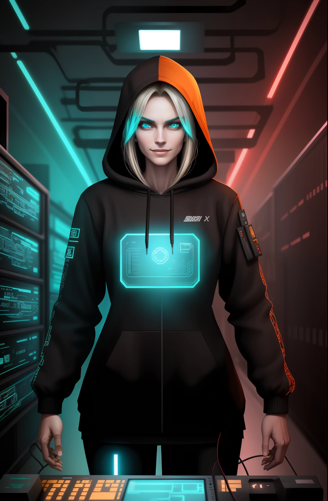 (Absurdres, Intricate Details, Masterpiece, Best Quality, High Resolution, 8k), 1 female, swedish, mature, aged up, handsome, finely detailed eyes and face, brown quiff hair, teal eyes, looking at viewer, solo, (full body:0.6), detailed background, detailed face, (CircuitBoardAI, electronic theme:1.1) evil high-tech futuristic hacker, smirk, advanced technology, hoodie, techwear, keycard, cables, (holographic display:1.05), error message, computer, password, server room in background, orange lights, cyber-warfare, dark sinister atmosphere, Depth of Field, VFX.