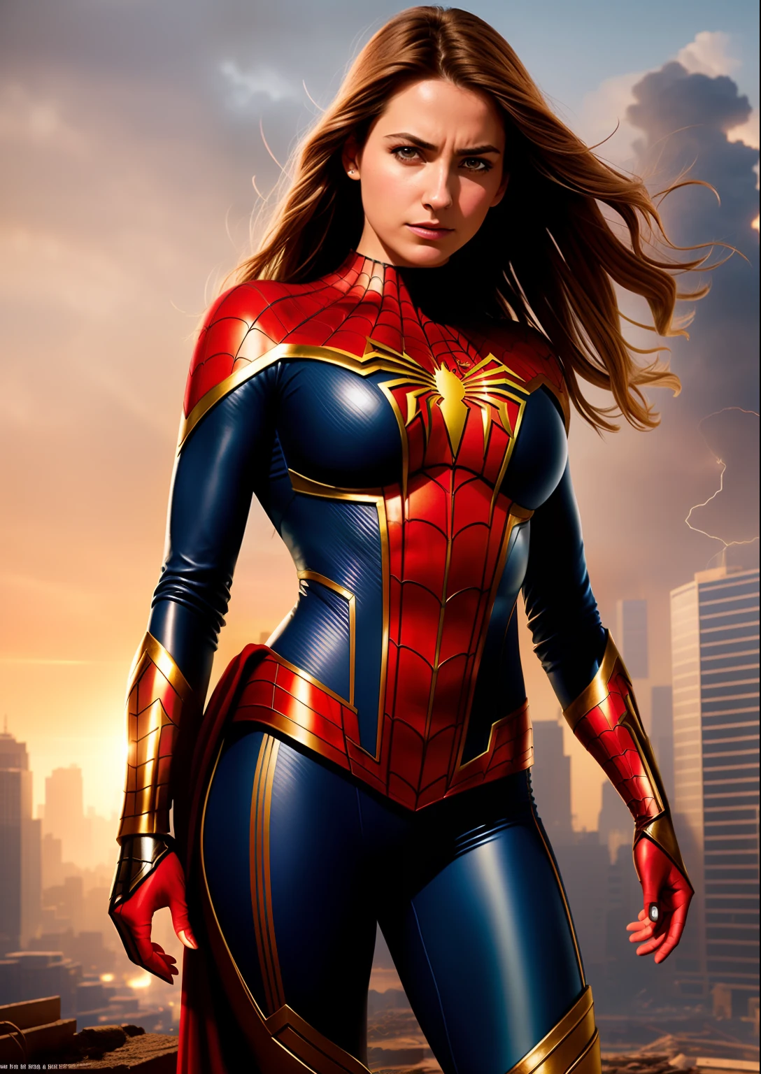 Beautiful woman of European appearance in detailed brown Spider-Man costume, big breastes, Superhero pose, standing in a ruined city at sunset, hyper-detailing, Smoke, sparks, sunlight rays (8 thousand), Realistic, Symmetrical, Award-winning, Cinematic Lightning, impregnated with film, 75 mm, Scratches, Full-body shot, a closeup of a, torn and dirty clothes, detailized face,