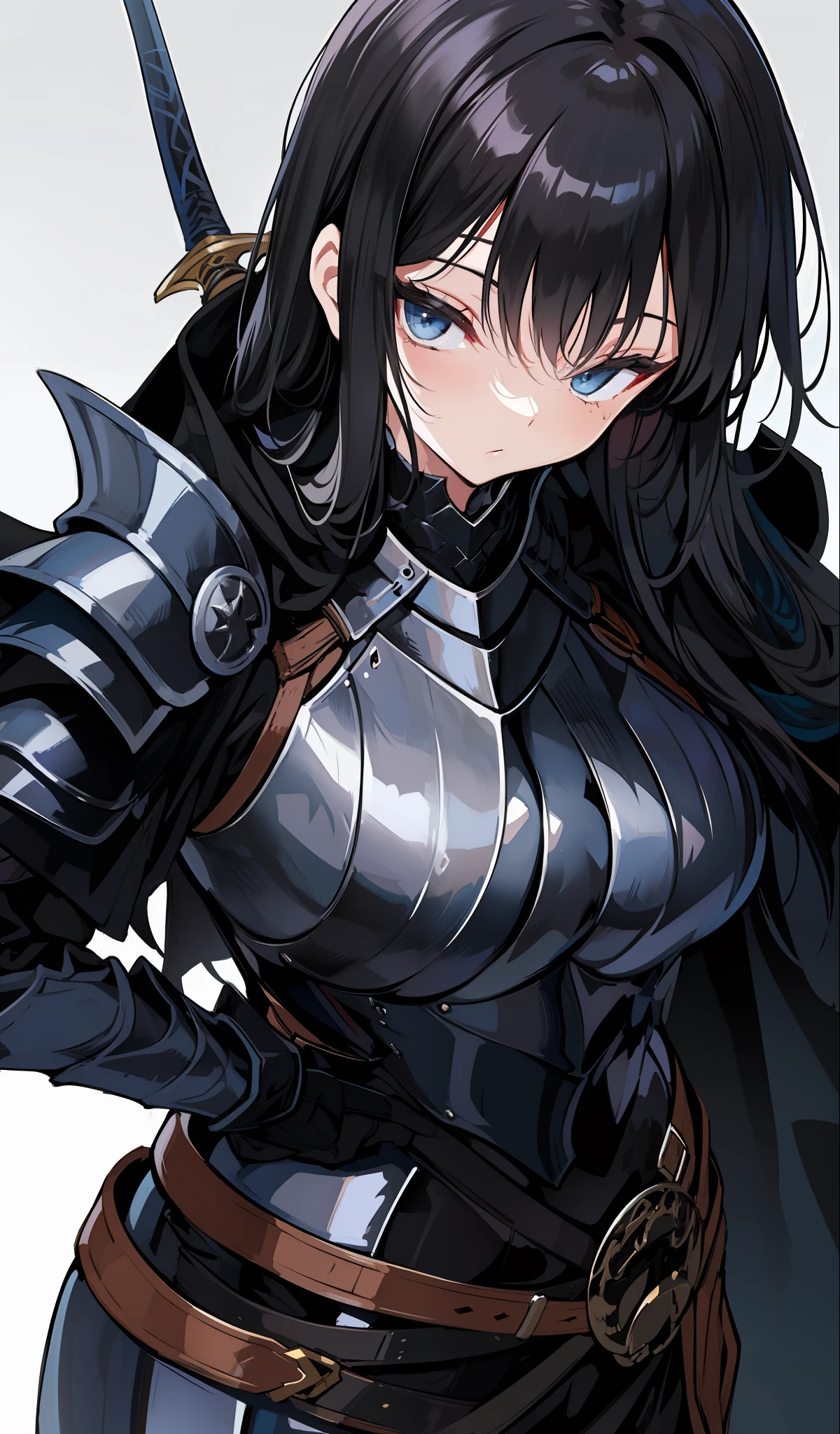 illustratio、(top-quality)、(((​masterpiece)))、(Hi-Res)、Original、(Solo Girl)、A sexy、Thick、Big body、Close up portrait of a person in costume of a knight with a sword, Dark Souls Armor Concept, Flowing robes and leather armor, Dark Armor, pale black armor, Armor and robes, Character concept art honors, Concept Armor, Medieval concept art, concept art of a warrior, Black Armor, Black Iron Armor, Gray armor, sharp edged black armor, Black Armor