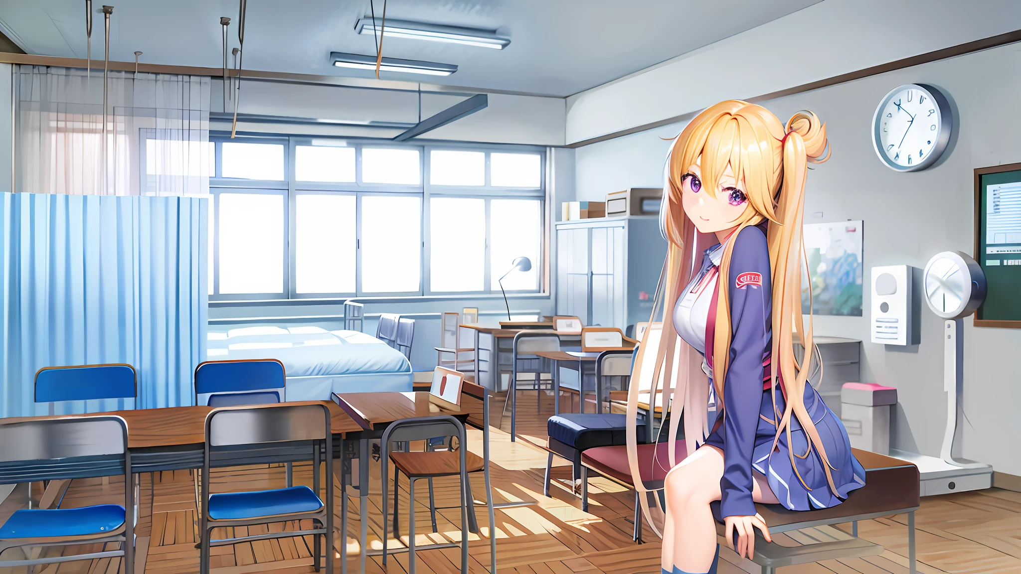 In an anime-style classroom、Desk and chair and big poster, visual novel cg, ; visual novel, painted in anime painter studio, visual novel, beautiful anime high school girl, typical anime classroom, Smooth Anime CG Art, blonde anime girl with long hair, Classroom background, visual novel key visual, rings asuka iwakura station game, in class room