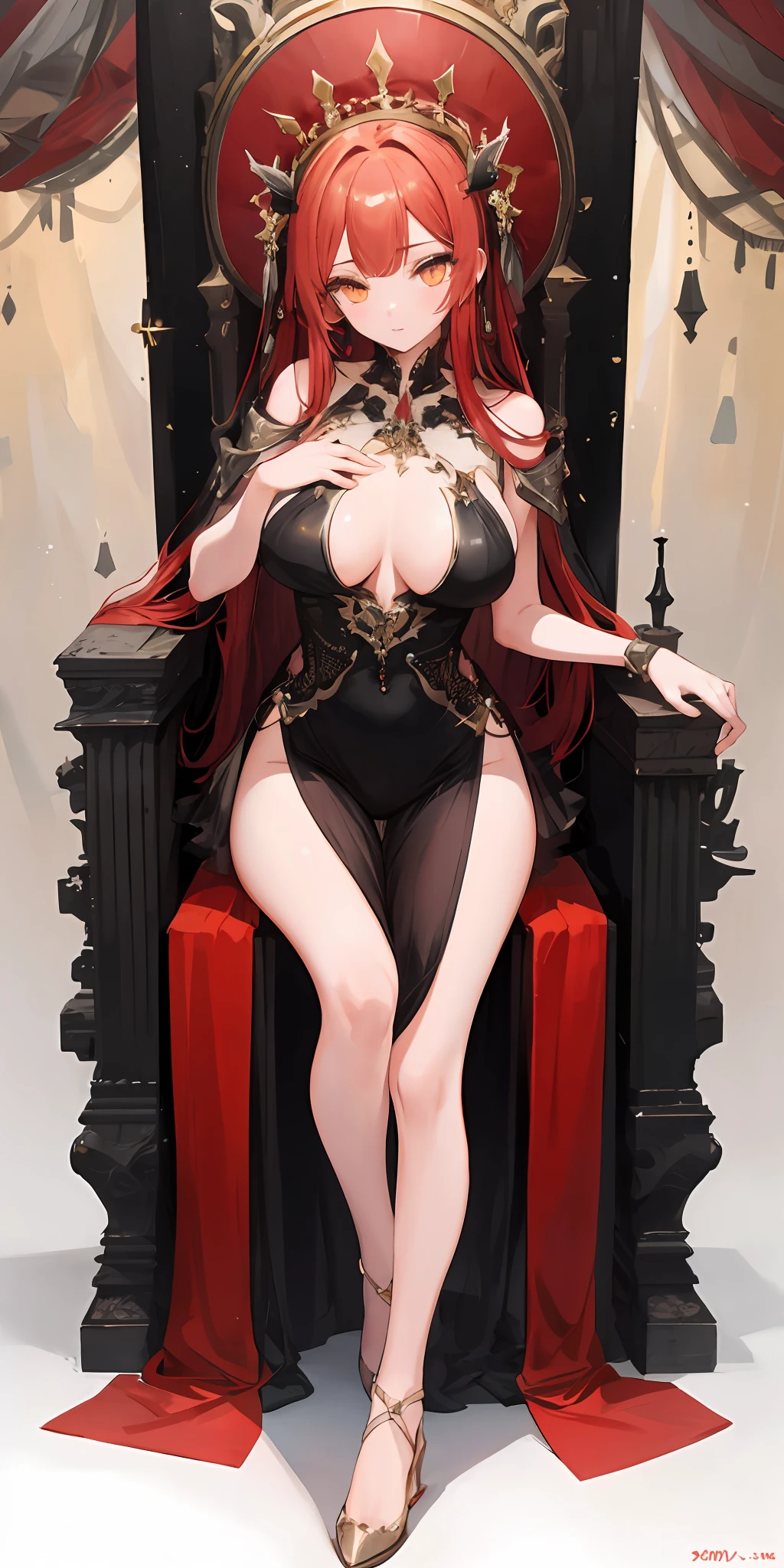 1girl, red hair, orange eyes, fancy detailed dress, sheer legs, hip gap, large breasts, (throne_room), full body, realistic, sidelighting,