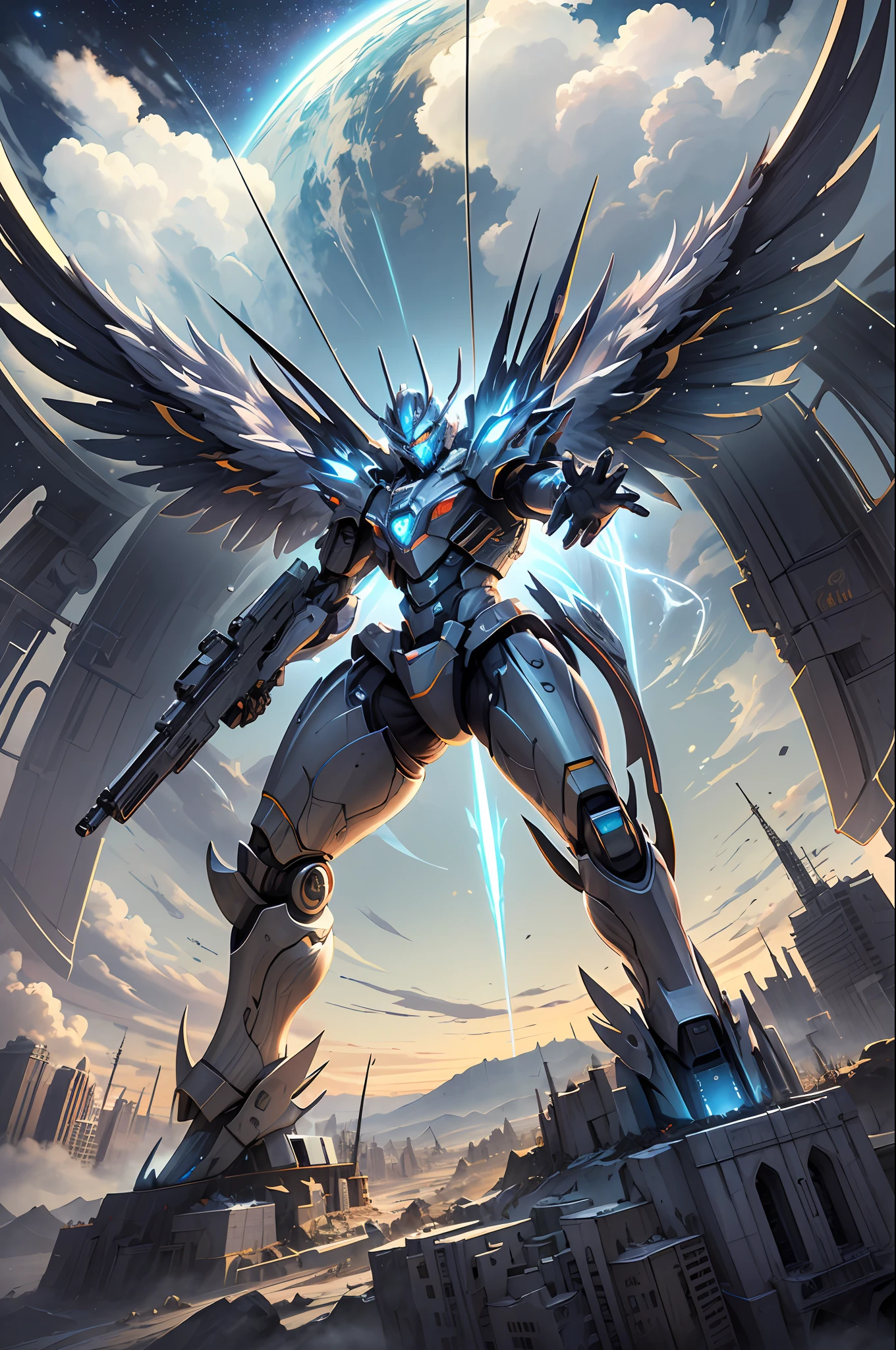 (masterpiece, best quality:1.3),extremely high detailed, intricate, 8k, HDR, wallpaper, cinematic lighting, (universe),gun,(shooting position), glowing, armor, glowing eyes, mecha, large wings,