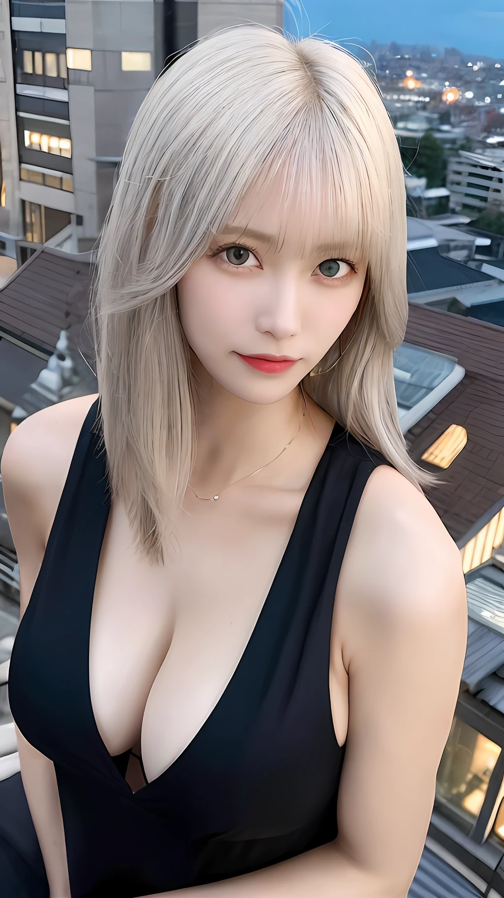 rangiku, solo, black haori, cleavage, from above, ((city)), masterpiece, night, blonde hair, deep gray eyes, realistic body, 4k,