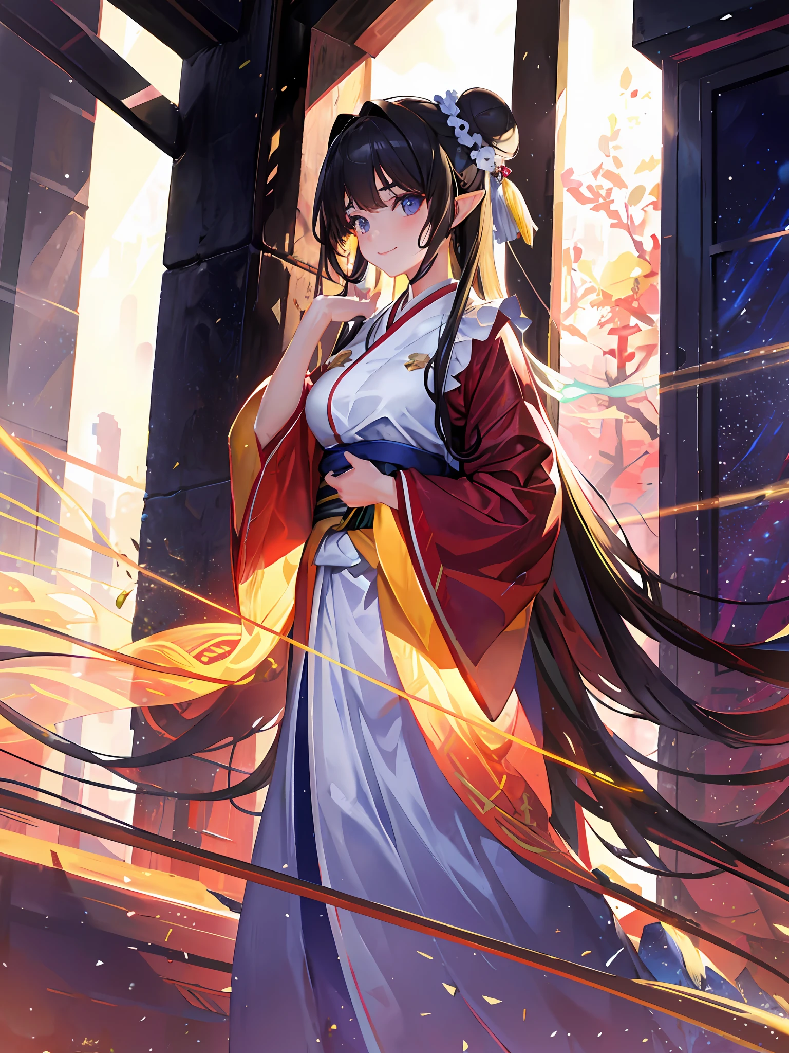 tmasterpiece,Need,extremely detaile,detailed back ground,详细的脸,anime big breast,illustration,1girll,(whaite hair,hair-bun,extra very long hair,wavey hair,messy hair:1.3),greene eyes,Pointy ears,parted lip,ssmile,Blushlush,llight rays,rays of sunshine,Glow,Shiny,Long shirt,bound waist,Shawl,Bust poem,Upper body,Tang suit,jumpping,children's,bit girl,Hanfu,Tang Feng,(zoomout:1.1),(meteor shower:1.2),(comets:1.1),Your name,low angles,From behind,aurora borealis,meteors,bathrobe,red kimono,SakuraNS,standing in a field,Best quality at best,tmasterpiece,clouds,Colorful,Starry,As estrelas