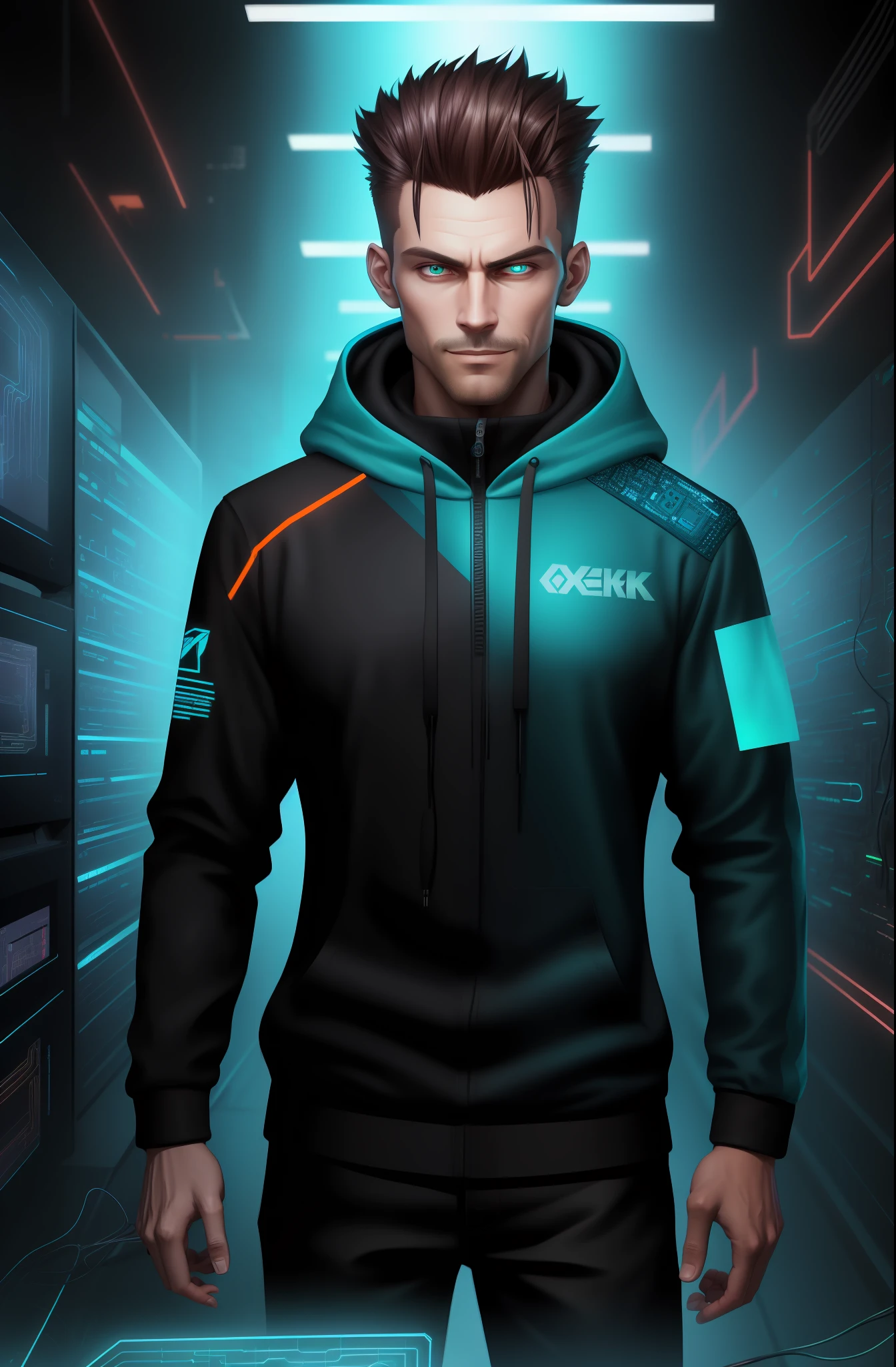 (Absurdres, Intricate Details, Masterpiece, Best Quality, High Resolution, 8k), 1 black male, swedish, mature, aged up, handsome, finely detailed eyes and face, brown quiff hair, teal eyes, looking at viewer, solo, (full body:0.6), detailed background, detailed face, (CircuitBoardAI, electronic theme:1.1) evil high-tech futuristic hacker, smirk, advanced technology, hoodie, techwear, keycard, cables, (holographic display:1.05), error message, computer, password, server room in background, orange lights, cyber-warfare, dark sinister atmosphere, Depth of Field, VFX.