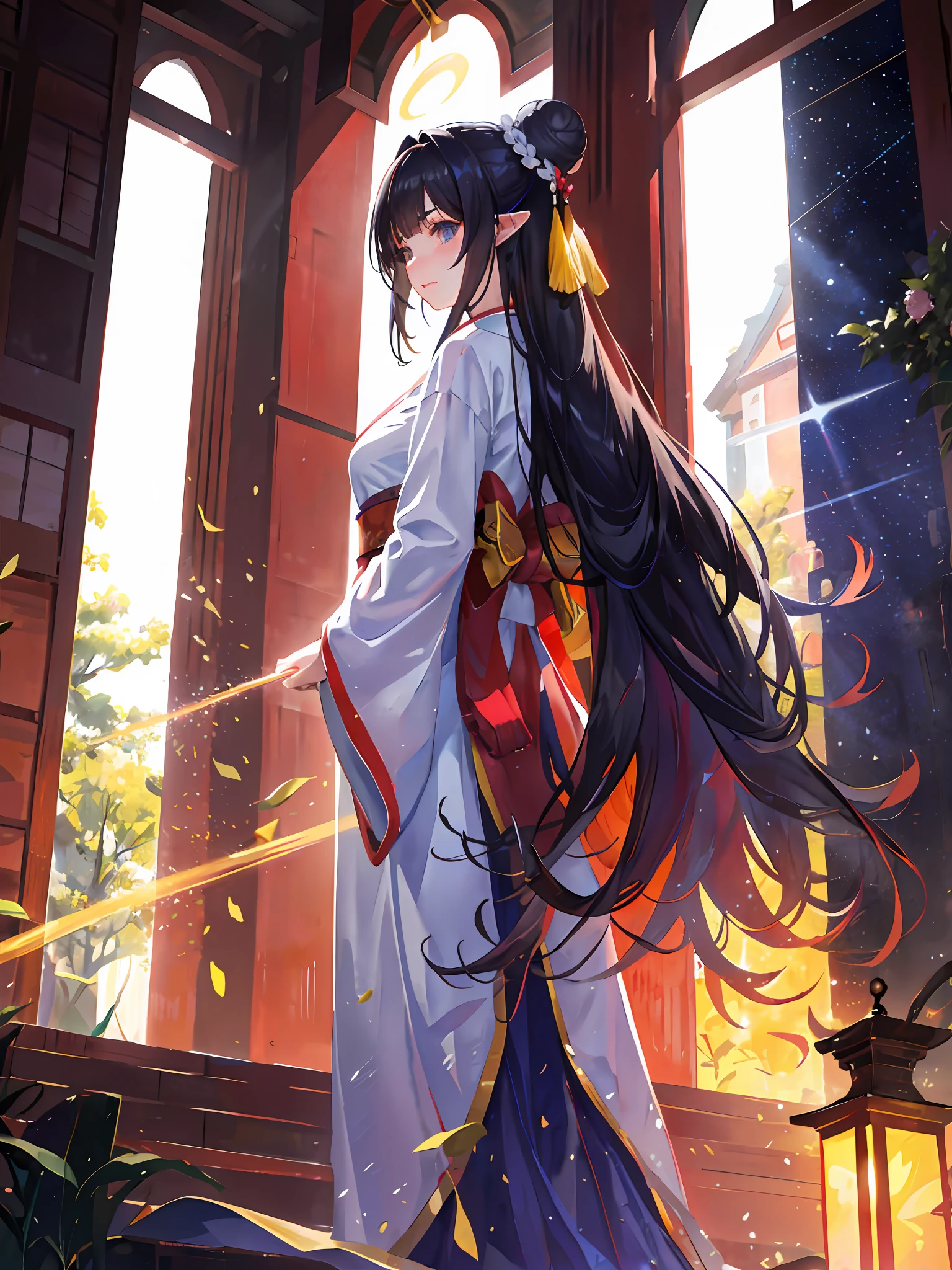 tmasterpiece,Need,extremely detaile,detailed back ground,详细的脸,anime big breast,illustration,1girll,(whaite hair,hair-bun,extra very long hair,wavey hair,messy hair:1.3),greene eyes,Pointy ears,parted lip,ssmile,Blushlush,llight rays,rays of sunshine,Glow,Shiny,Long shirt,bound waist,Shawl,Bust poem,Upper body,Tang suit,jumpping,children's,bit girl,Hanfu,Tang Feng,(zoomout:1.1),(meteor shower:1.2),(comets:1.1),Your name,low angles,From behind,aurora borealis,meteors,bathrobe,red kimono,SakuraNS,standing in a field,Best quality at best,tmasterpiece,clouds,Colorful,Starry,As estrelas