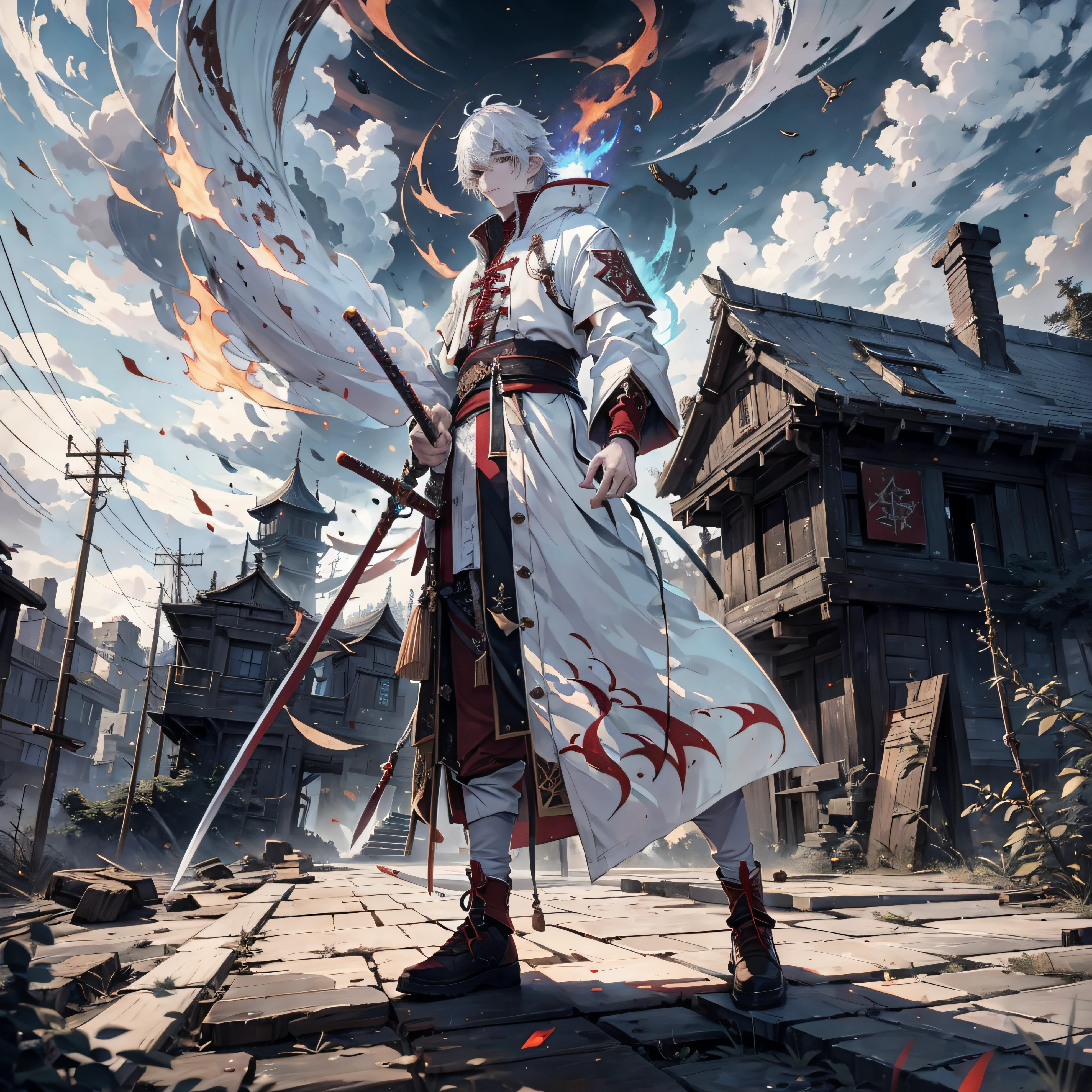 white hair boy,burly build,Red long-sleeved hanfu,white hair boy,burly build,Brawny,Brawny,nigth,the night,best qualtiy,Ultra-long viewing angle,A bald boy,Turn your head to look at a person,Back shadow,Red long-sleeved hanfu, Fine Eye, 详细的脸, Detailed eyes,Wield a sword, A sword surrounded by red flames,Wield this sword,full bodyesbian,Ultra-long viewing angle,visto ao longe,from below, Look up, Ruined suburbs,Dilapidated old house,background inside dark,Ultra-long viewing angle,A dilapidated house in the distance,sword-wielding,sword-wielding