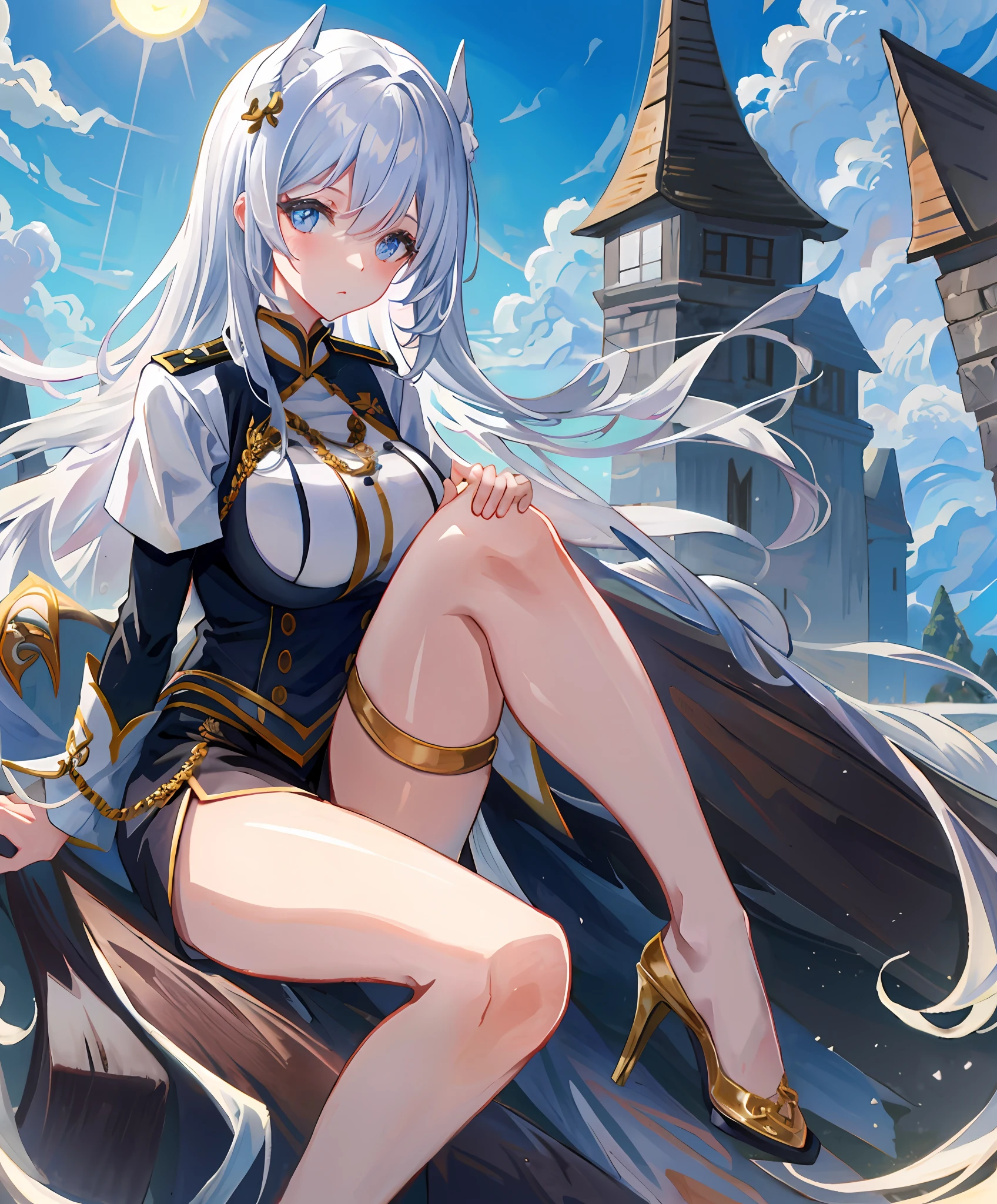 1个Giant Breast Girl， 独奏， High- sharpness， looki at viewer， tmasterpiece， Best quality， extremely detaile， Perfect lighting， ， high-heels， and the sun was shining brightly， Light tracing， long whitr hair， Detailed beautiful face， looking at viewert， ， dry， Black combat uniform， ssee-through， upper legs，