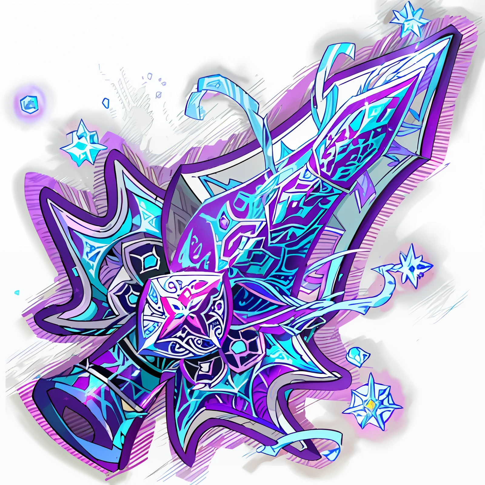 Purple and blue butterflies in purple and blue design, fantasy weapon, league of legends inventory item, shinning sword, magical sword, shop window for magical weapons, Ice crystal armor, intricate fantasy spear, dazzling gem in the hilt, fantasy sword, rpg item, hearthstone weapon art, purple glowing core in armor, war blade weapon, jagged sword